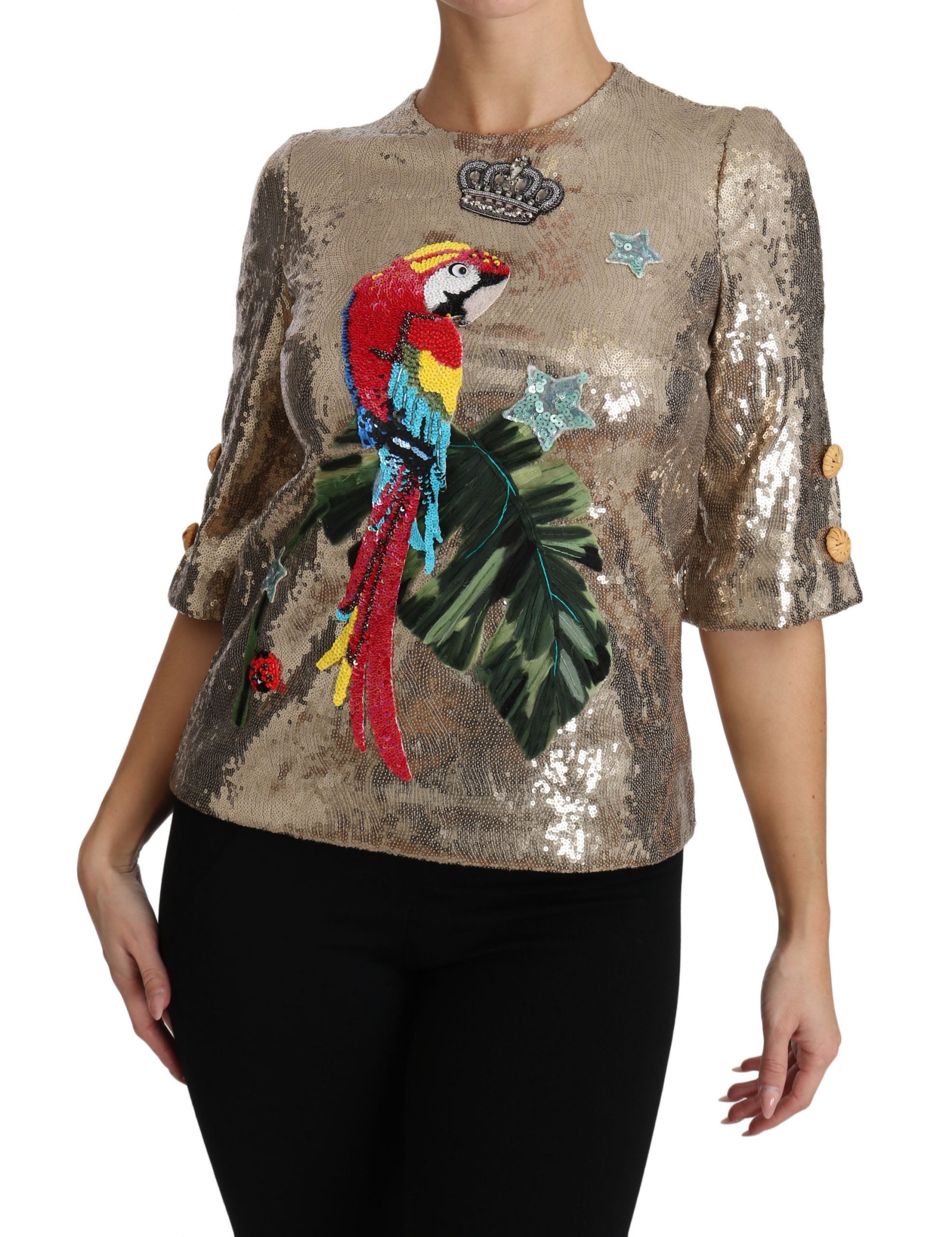 Dolce & Gabbana Gold Sequined Parrot Crystal Blouse Dolce & Gabbana