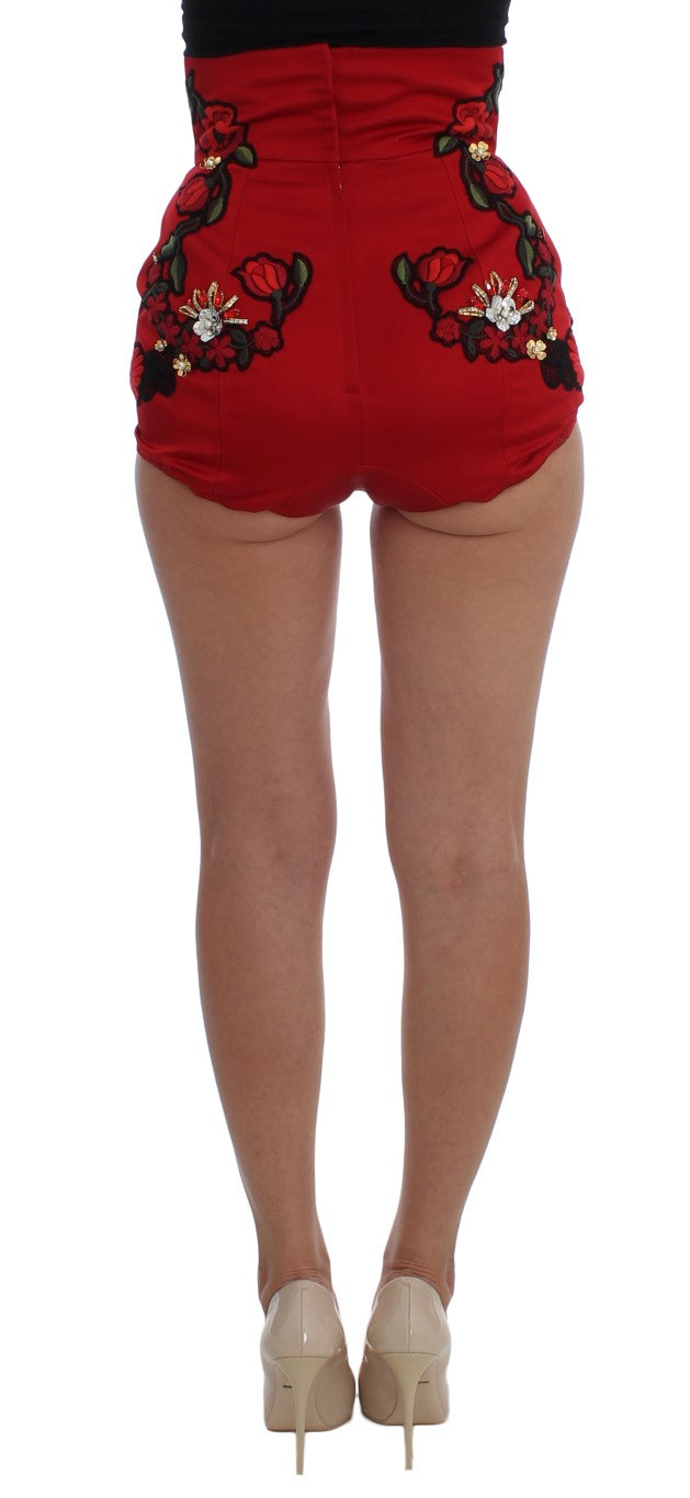Dolce & Gabbana Red Silk Crystal Roses Shorts Dolce & Gabbana