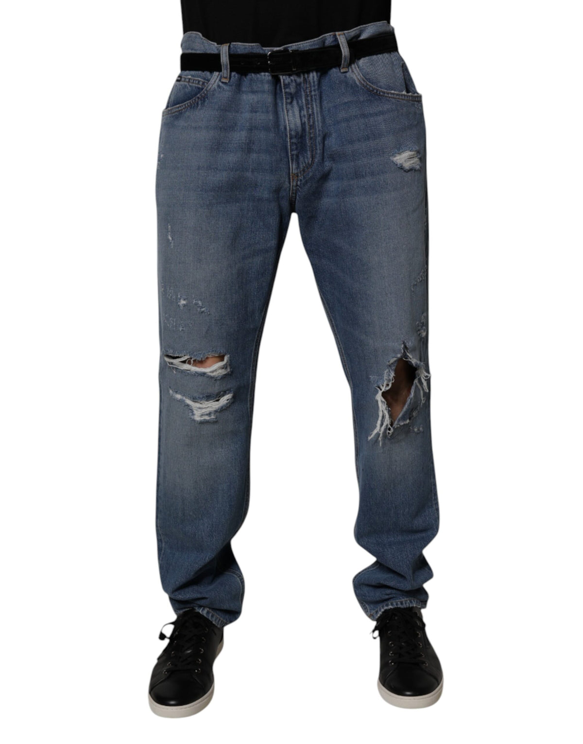 Dolce & Gabbana Blue Tattered Cotton Straight Denim Jeans