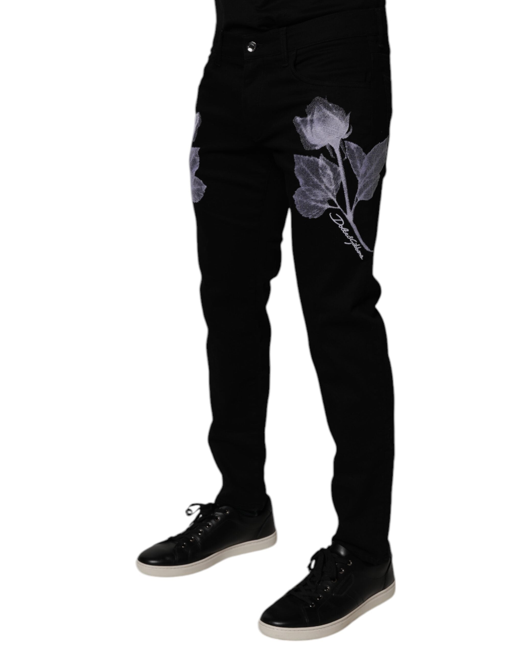 Dolce & Gabbana Black Floral Cotton Skinny Men Denim Jeans Dolce & Gabbana