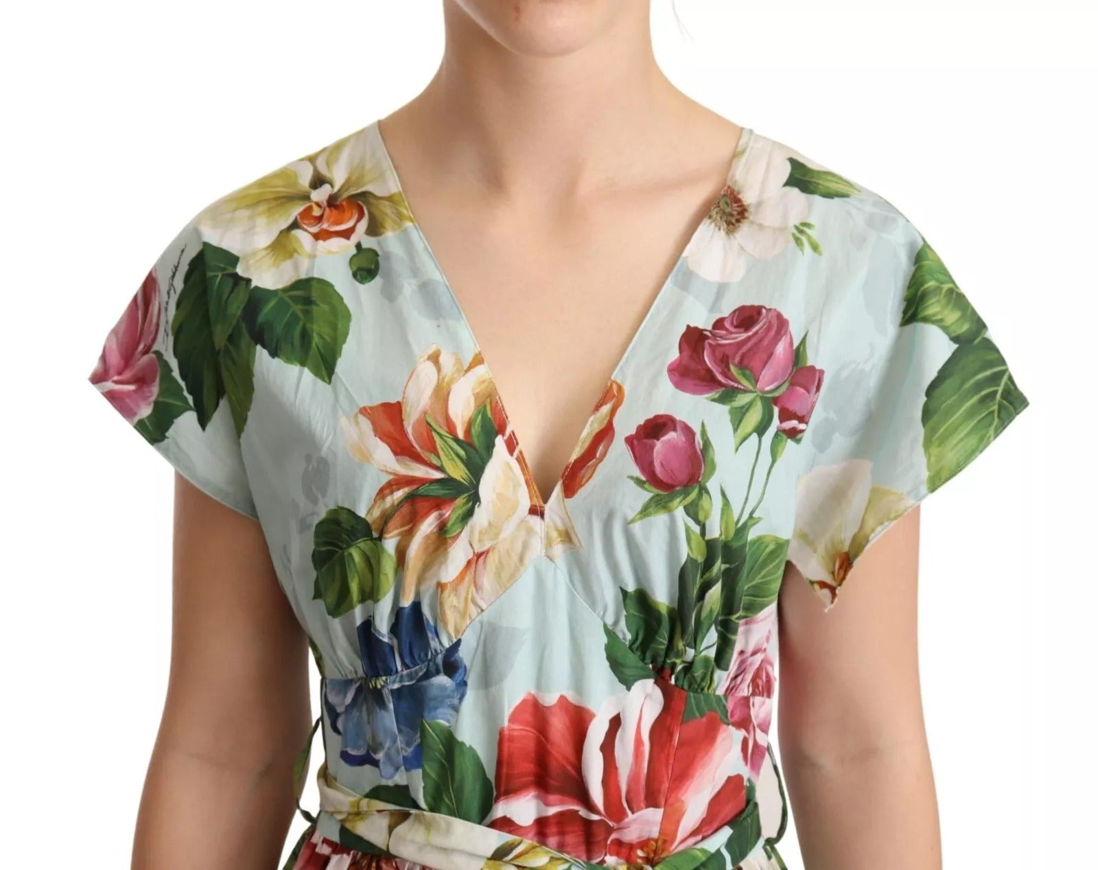 Dolce & Gabbana Green Floral Short Sleeves Cotton V-neck Dress Dolce & Gabbana