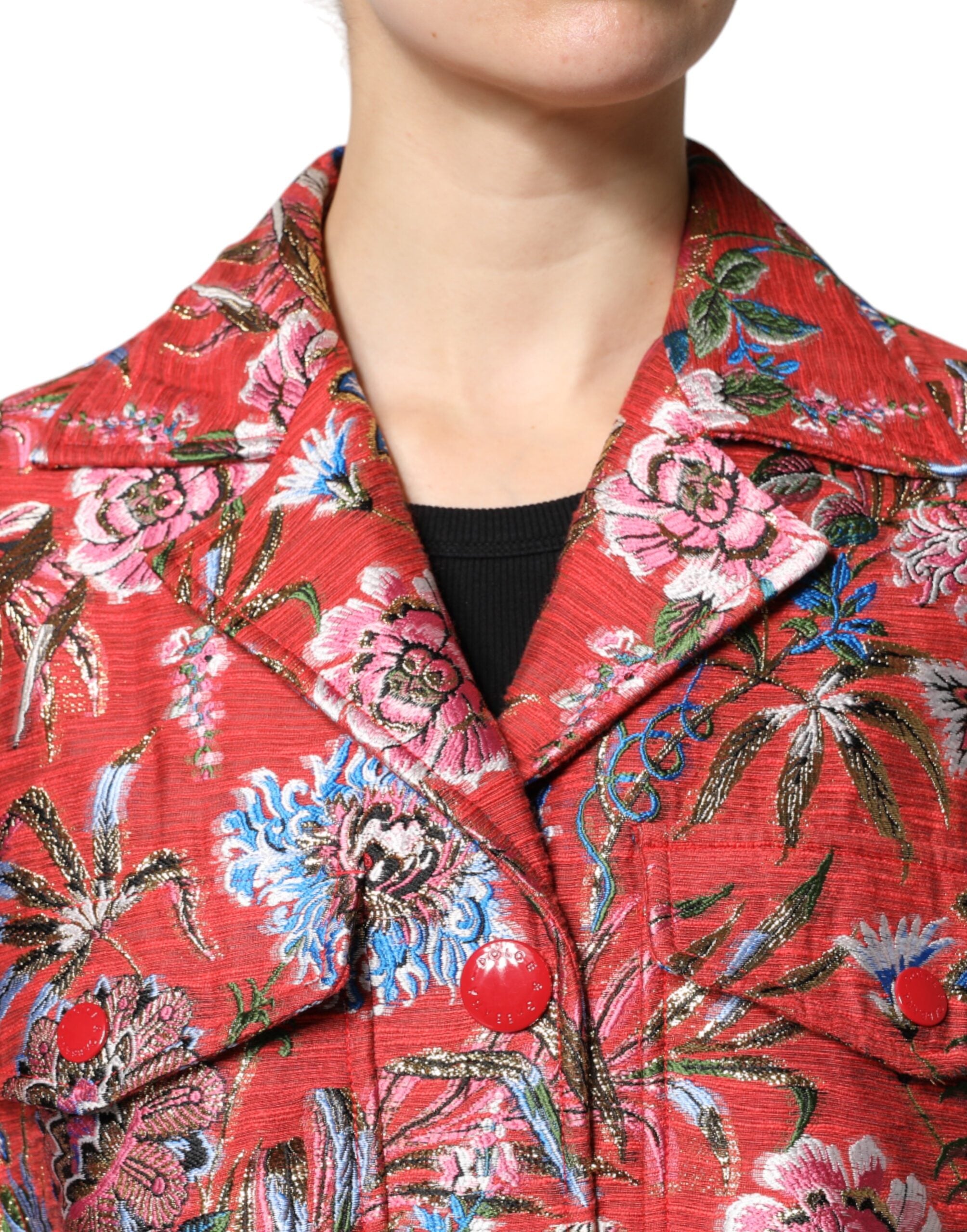 Dolce & Gabbana Red Floral Jacquard Button Down Coat Jacket Dolce & Gabbana