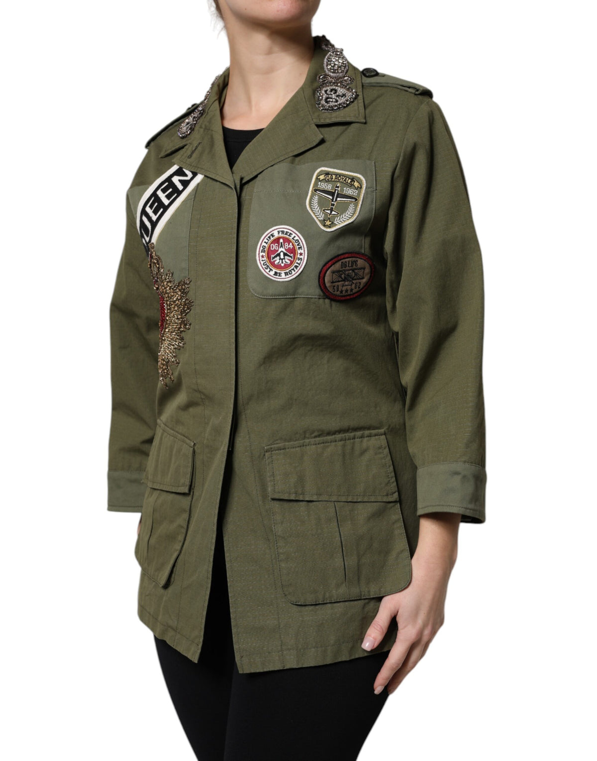 Dolce & Gabbana Military Green Queen Embellished Coat Jacket