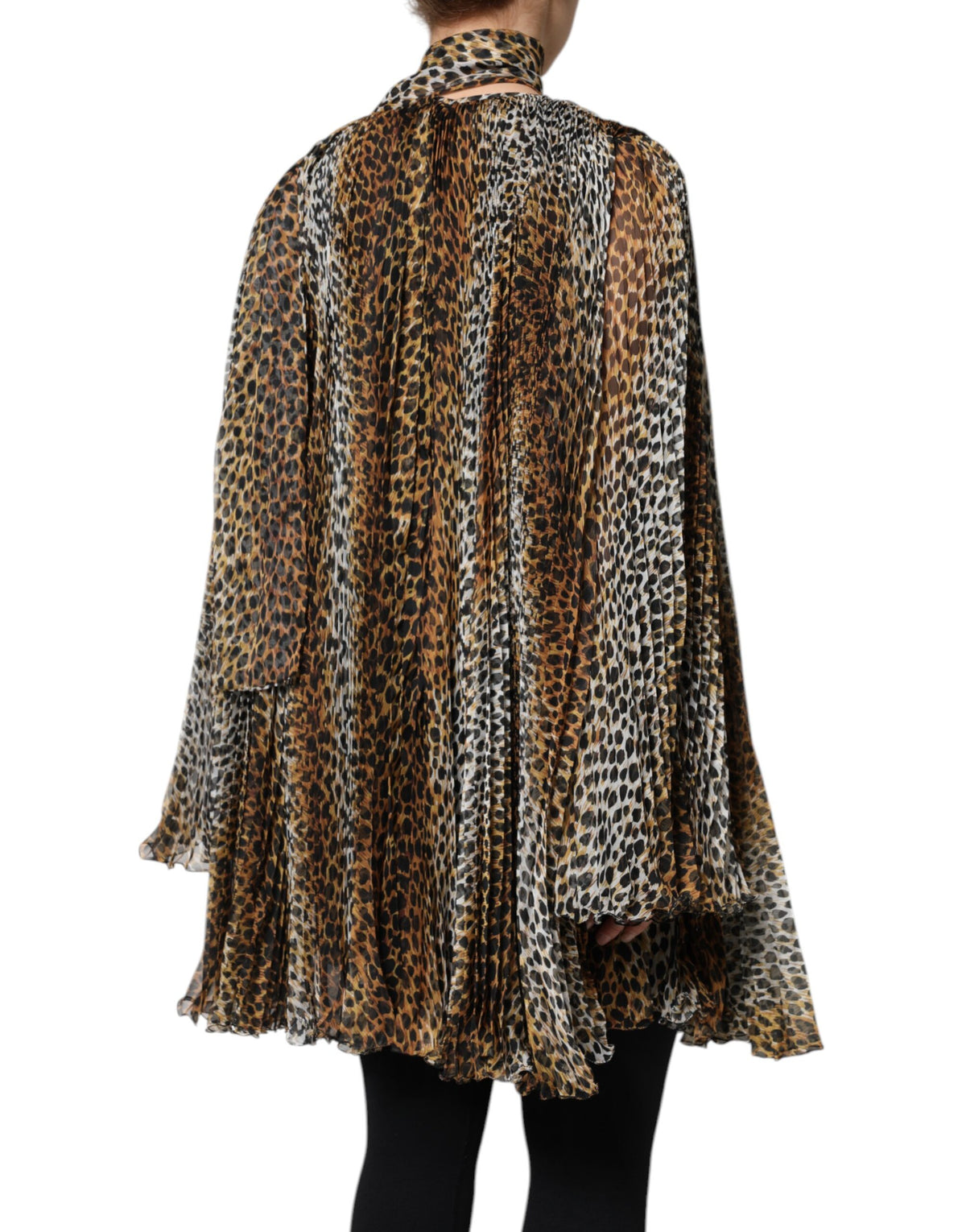 Dolce & Gabbana Brown Leopard Print Scarf Collared Chiffon Dress