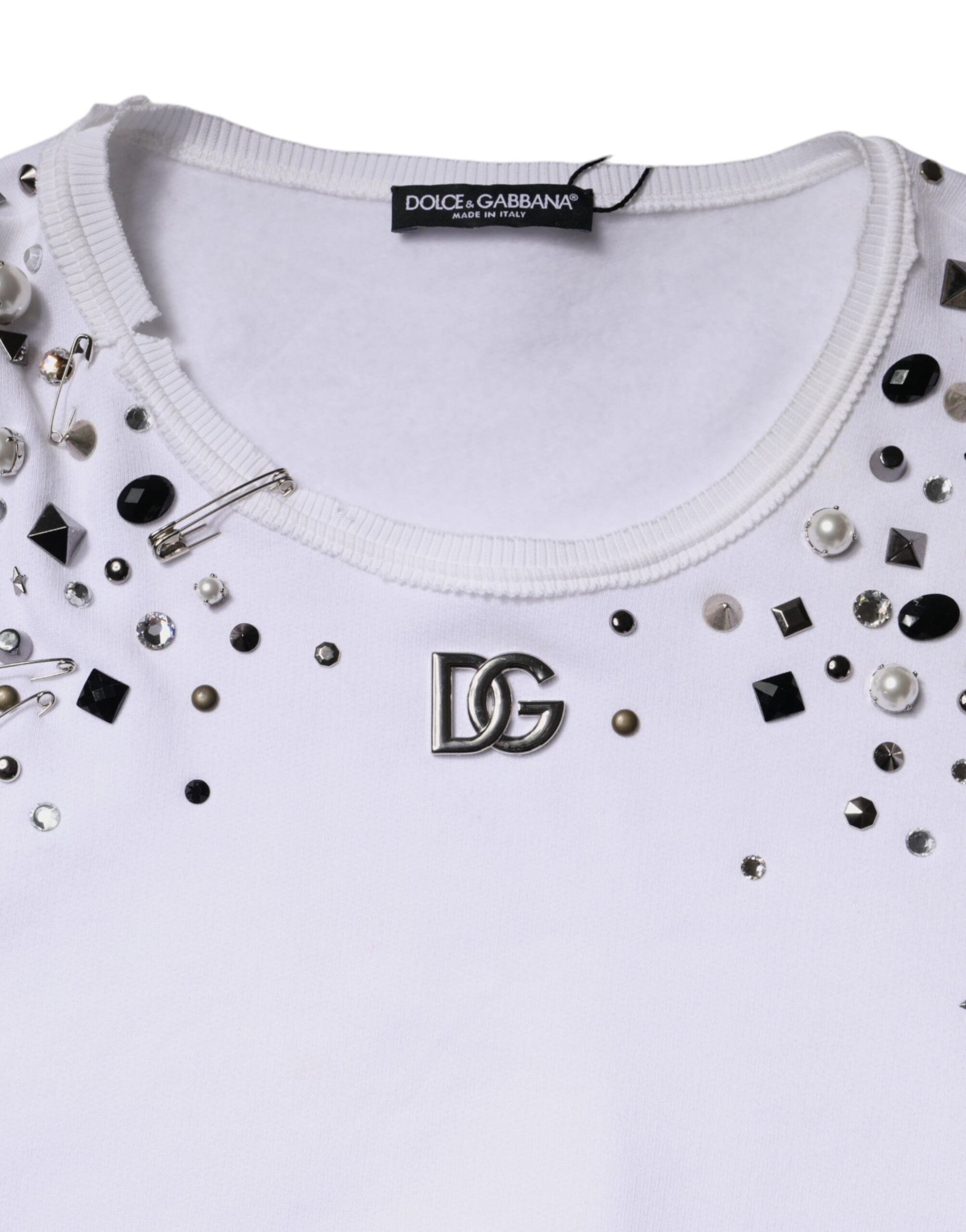 Dolce & Gabbana White Embellished Long Sleeve Cropped Sweater Dolce & Gabbana