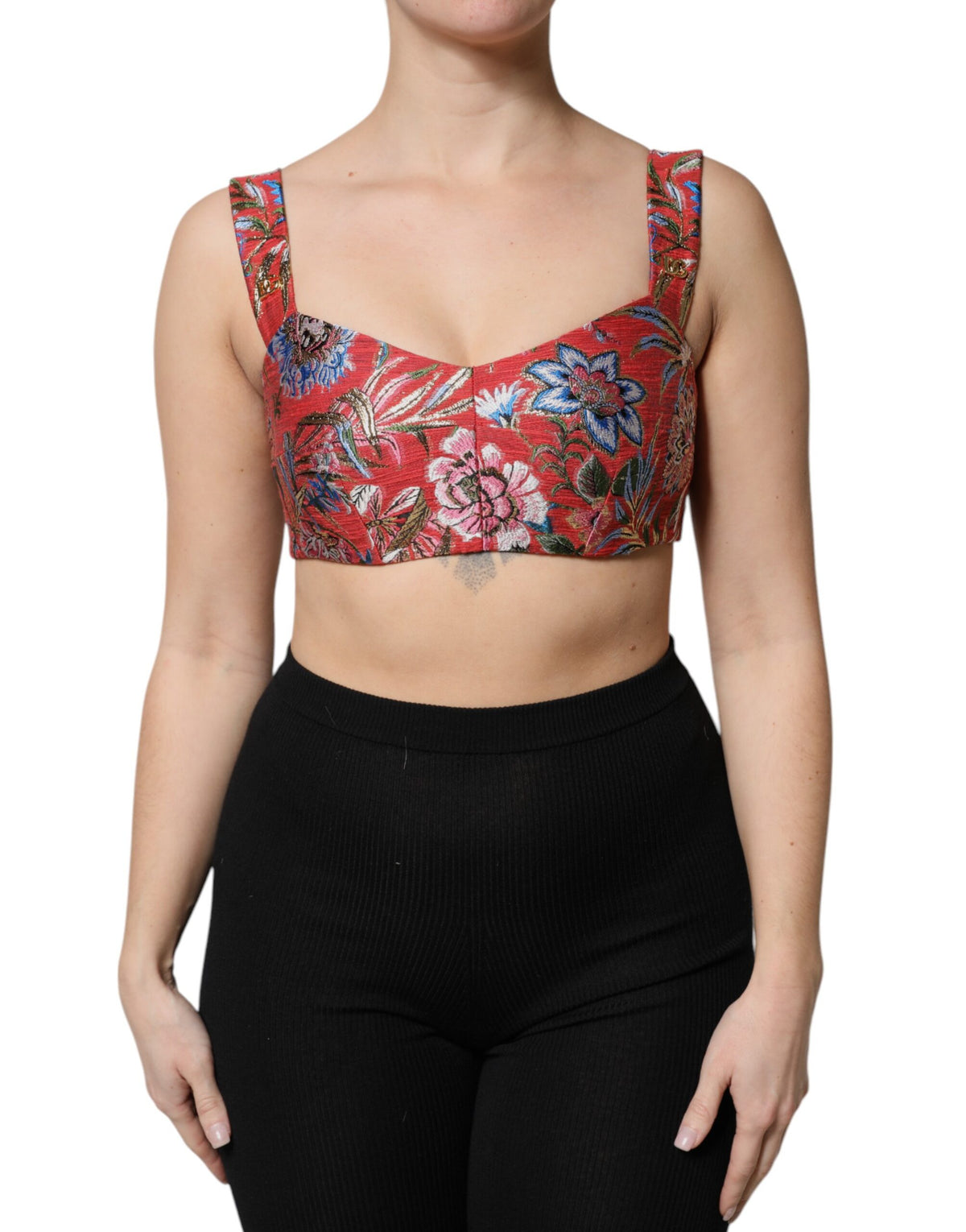 Dolce & Gabbana Red Floral Brocade Cropped Bustier Corset Top