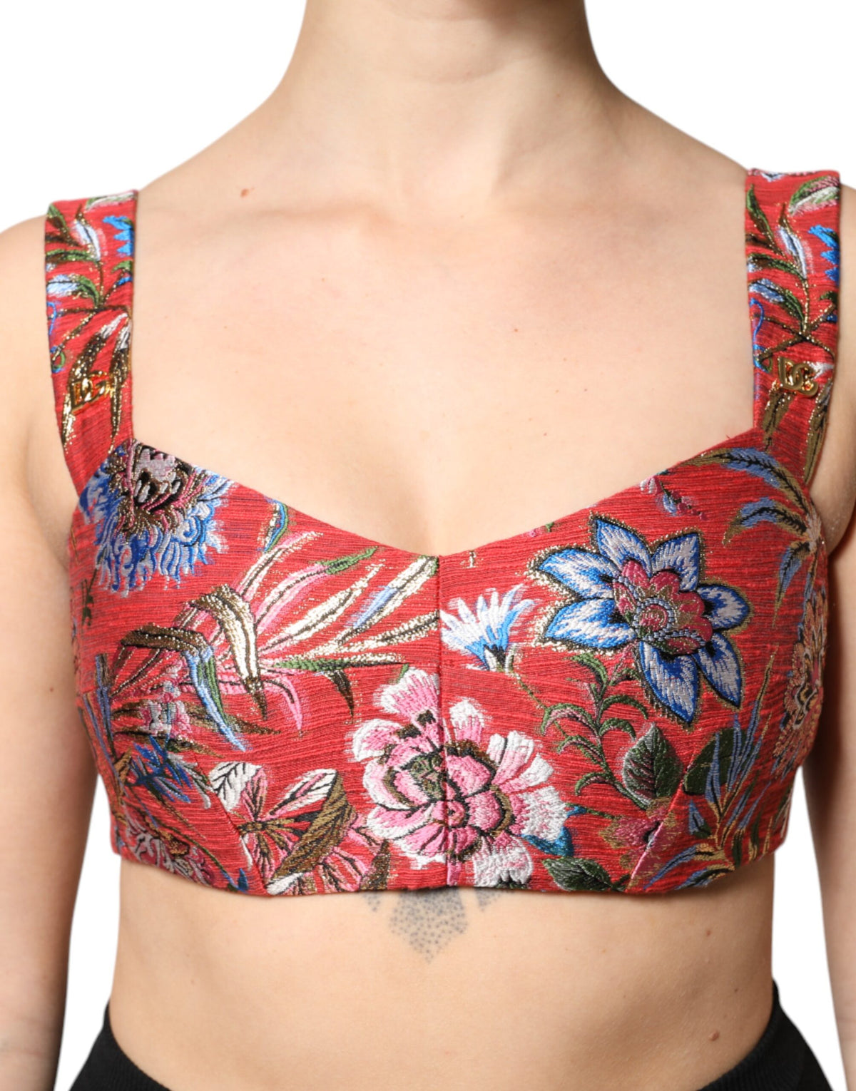 Dolce & Gabbana Red Floral Brocade Cropped Bustier Corset Top