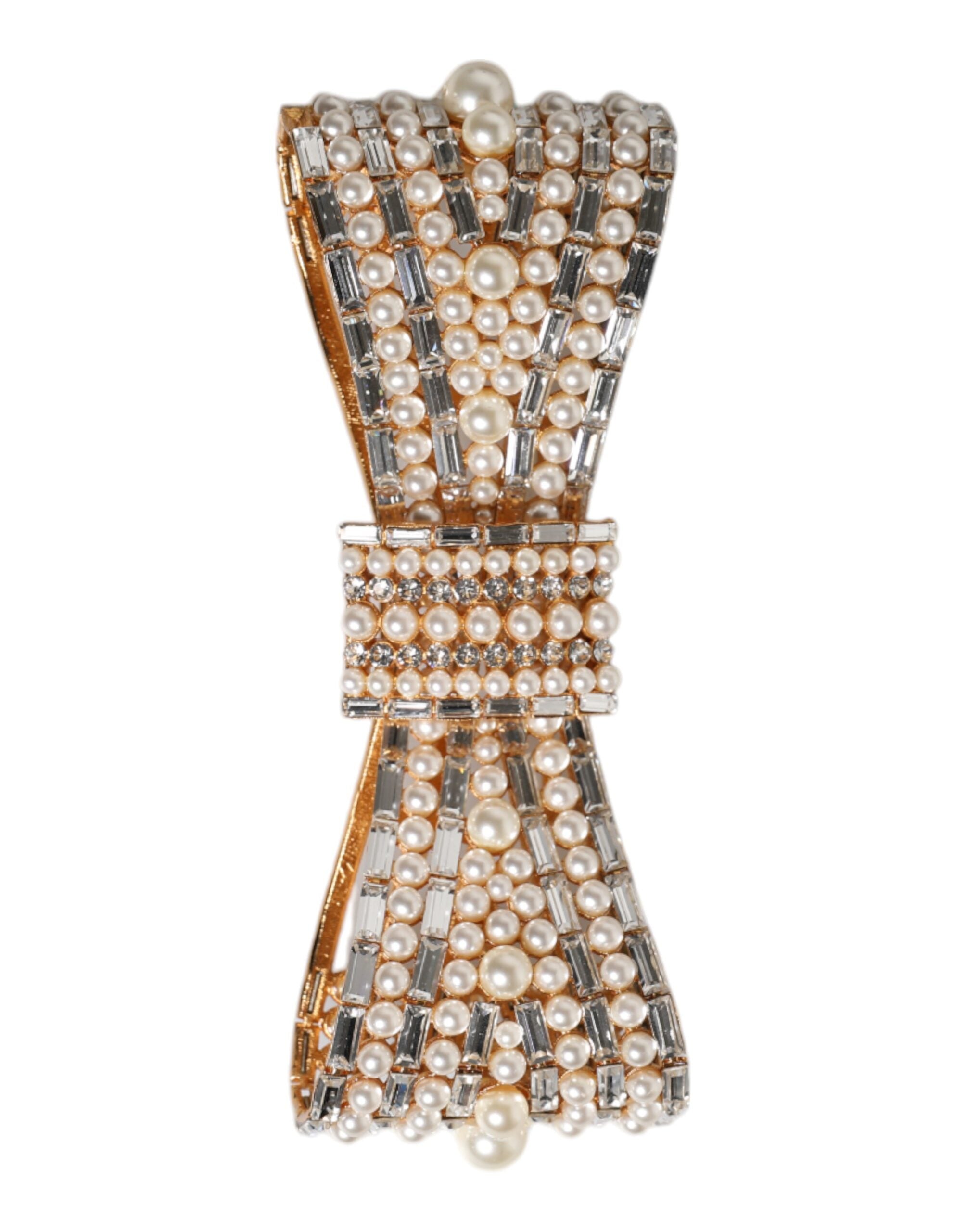 Dolce & Gabbana Gold Tone Brass Bow Crystal FauxPearl Embellished Brooch Dolce & Gabbana