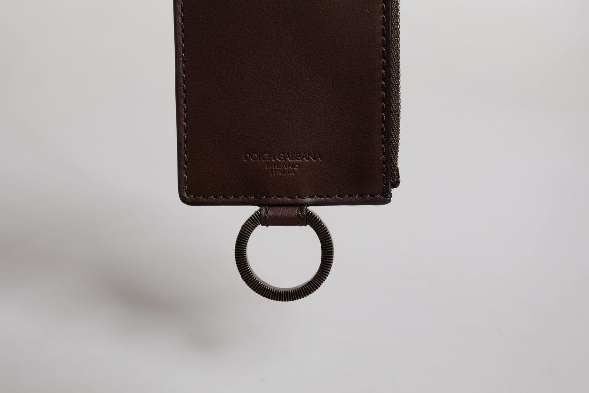 Dolce & Gabbana Brown Calf Leather Lanyard Logo Card Holder Wallet