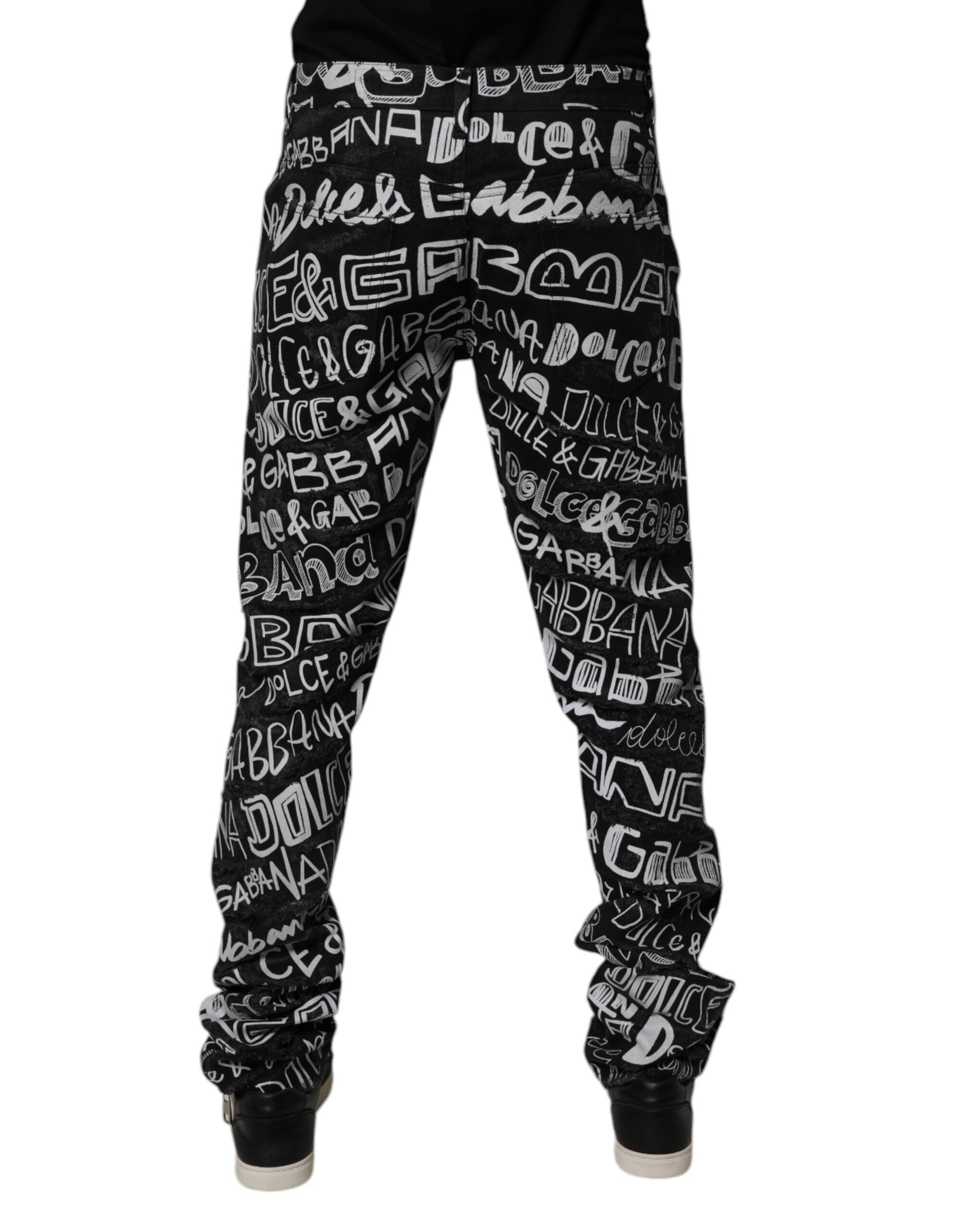 Dolce & Gabbana Black Cotton Logo Print Straight Denim Jeans Dolce & Gabbana
