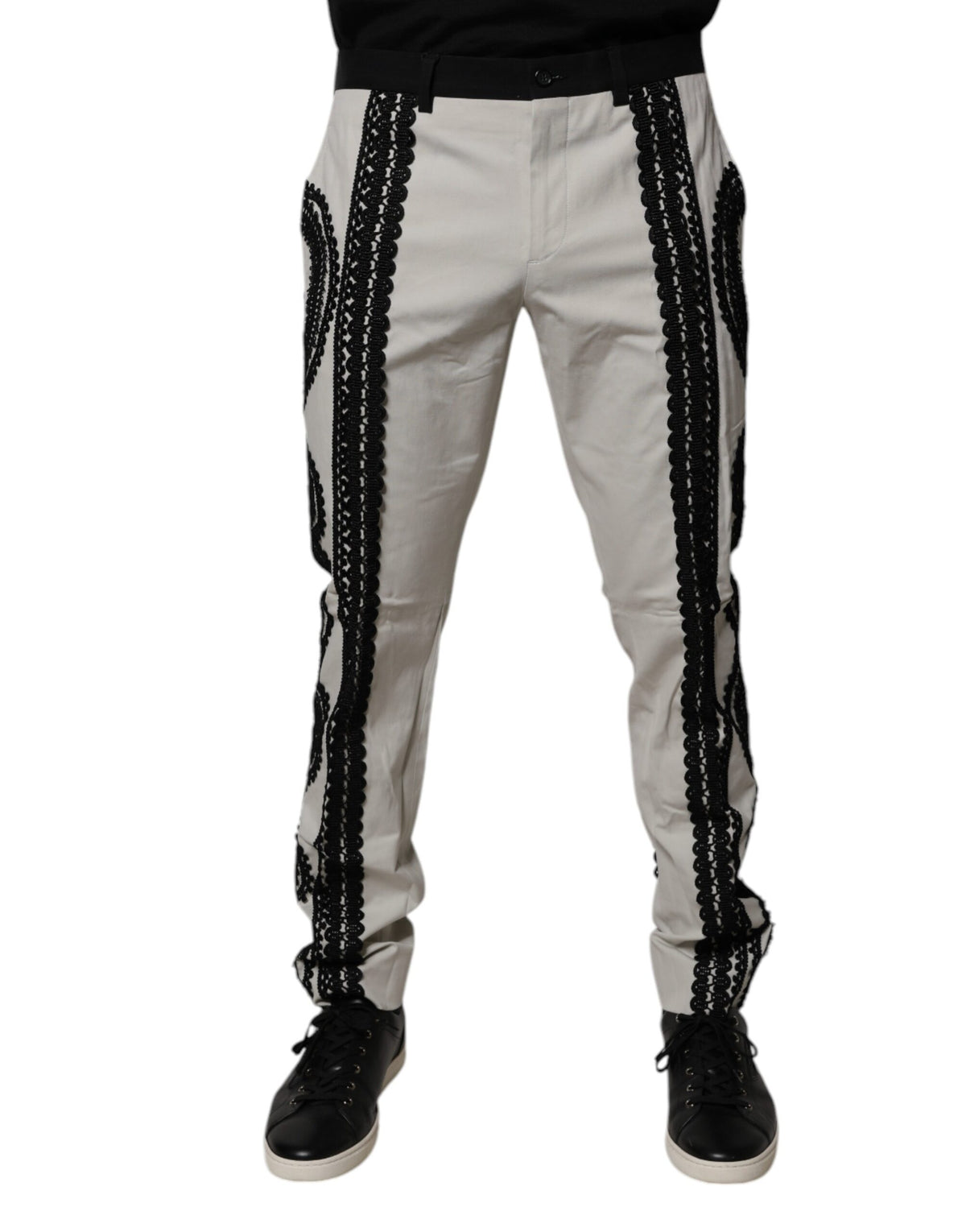 Dolce & Gabbana White Lace Trim Mid Waist Dress Formal Pants