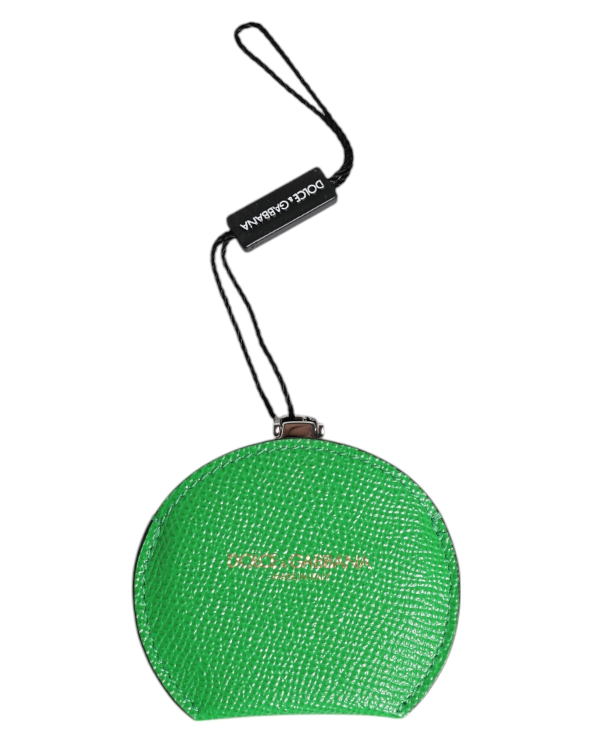 Dolce & Gabbana Green Calfskin Leather Round Logo Hand Mirror Holder Dolce & Gabbana