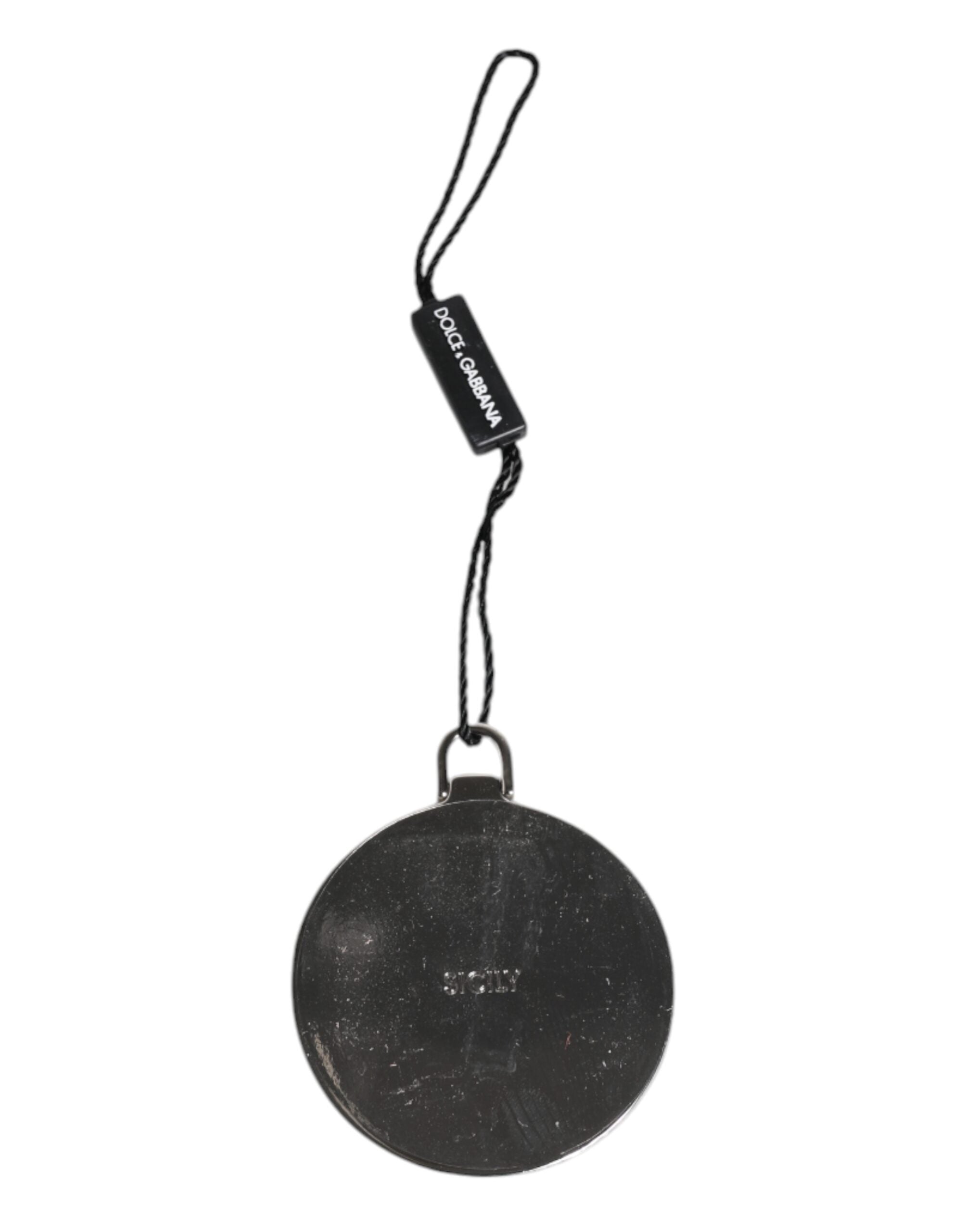 Dolce & Gabbana Green Calfskin Leather Round Logo Hand Mirror Holder Dolce & Gabbana