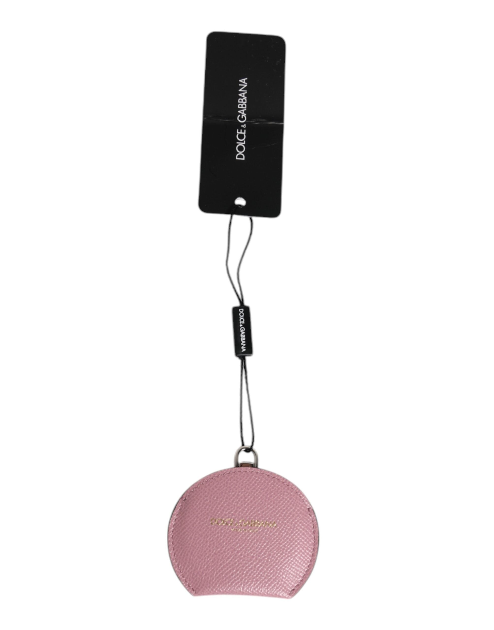 Dolce & Gabbana Pink Calfskin Leather Round Logo Hand Mirror Holder Dolce & Gabbana