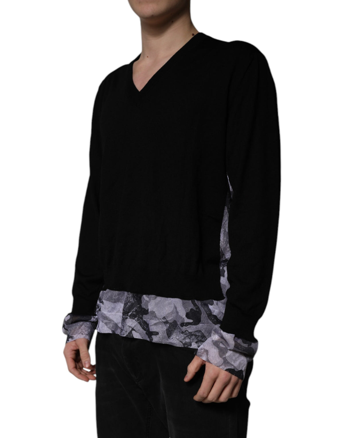 Dolce & Gabbana Black Camouflage V-neck Pullover Sweater
