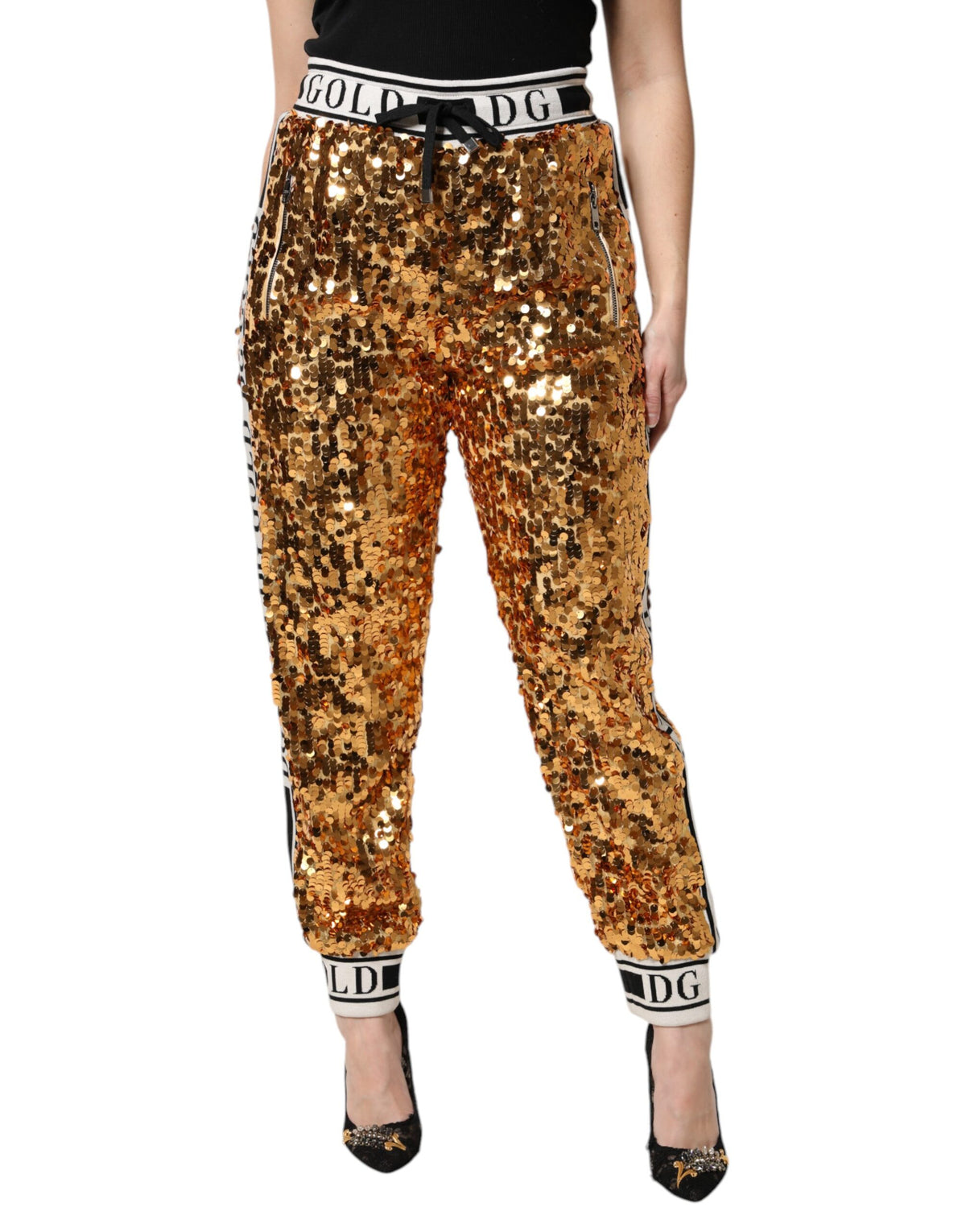 Dolce & Gabbana Metallic Gold DG Logo Sequined Jogger Pants