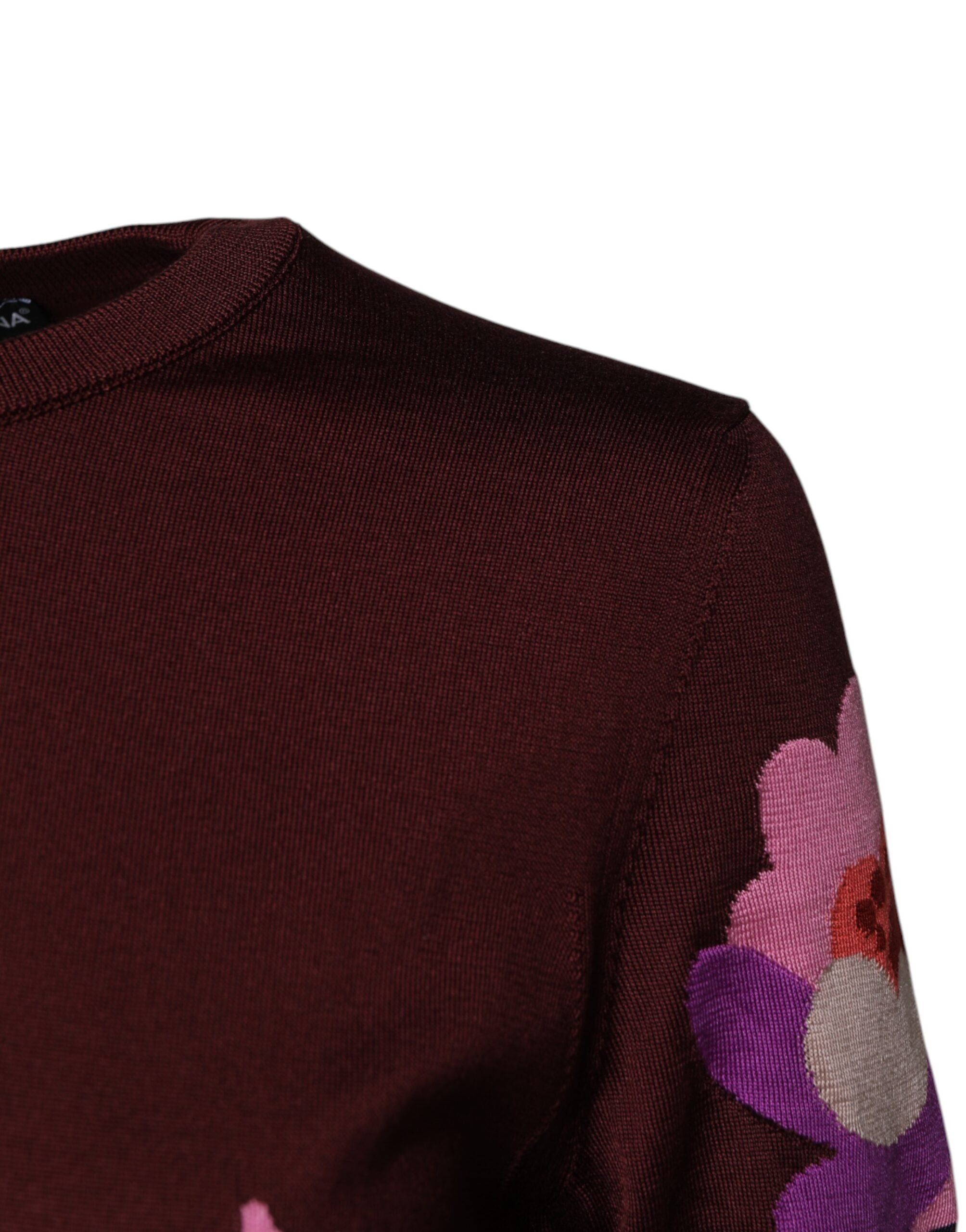 Dolce & Gabbana Maroon Floral Silk Crew Neck Blouse Top Dolce & Gabbana