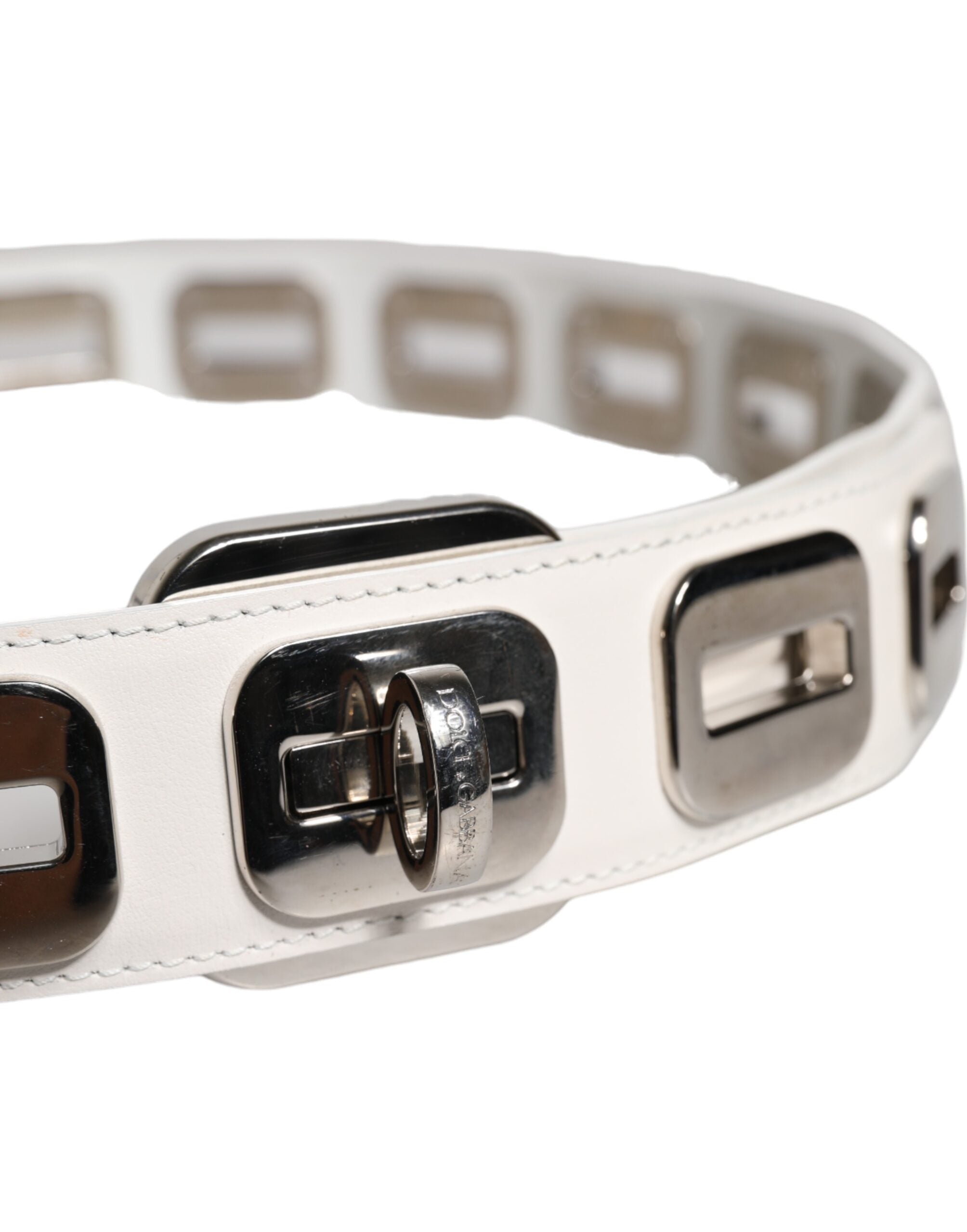 Dolce & Gabbana White Leather Gold Tone Rotating Buckle Belt Dolce & Gabbana
