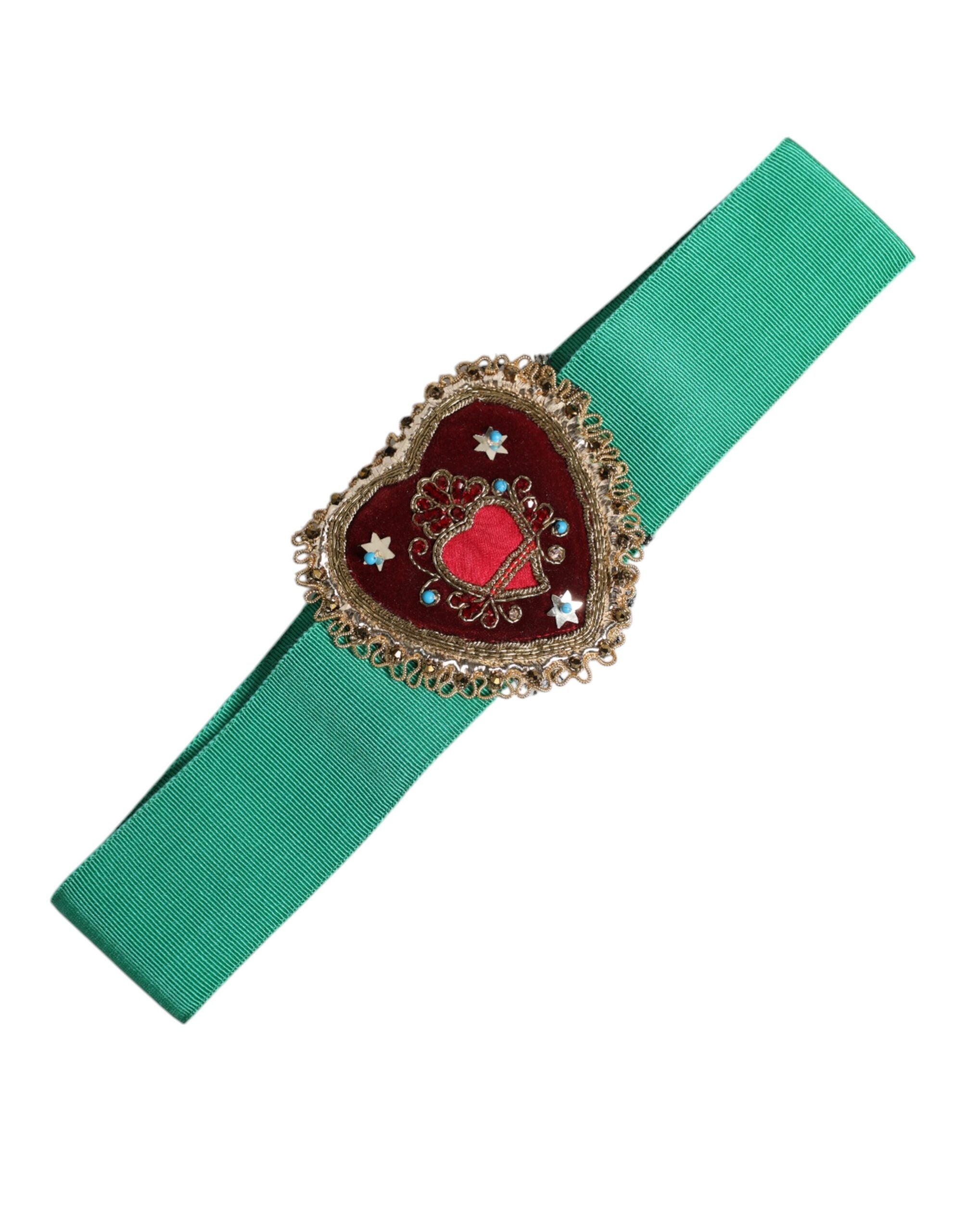 Dolce & Gabbana Green Stretch Wide Waist Heart Embellished Belt Dolce & Gabbana
