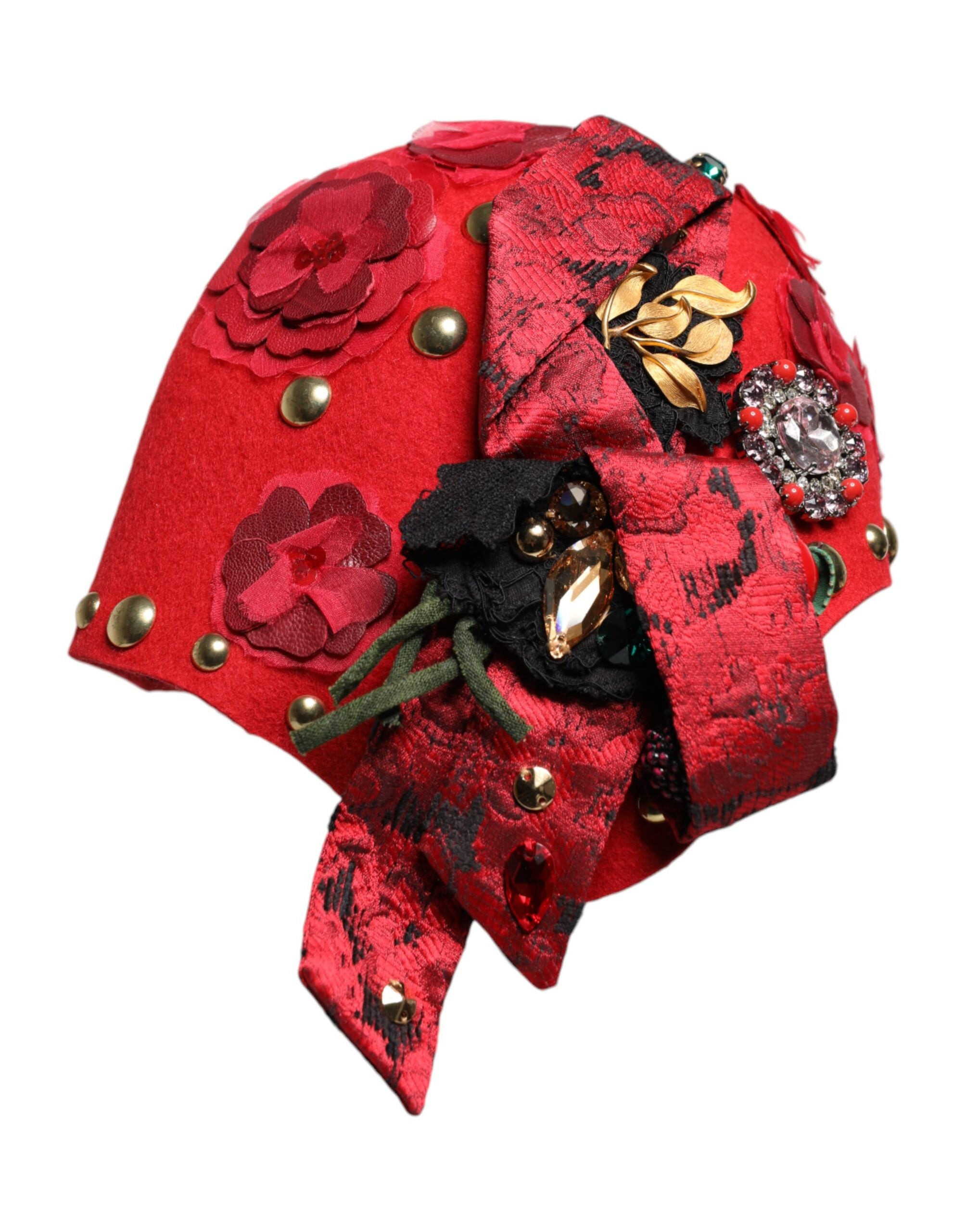 Dolce & Gabbana Red Crystal Gold Roses Brooch Embellished Hat Dolce & Gabbana