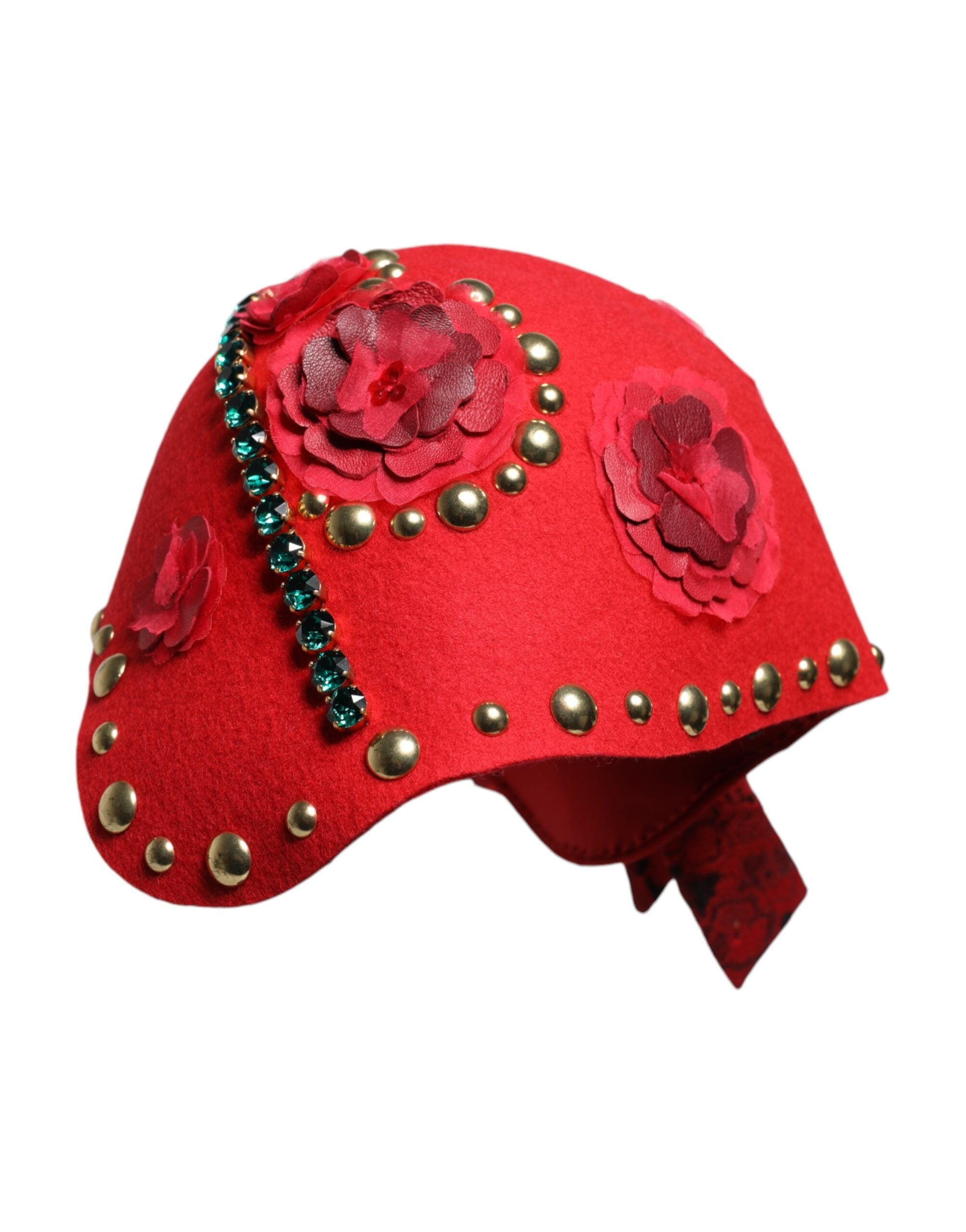 Dolce & Gabbana Red Crystal Gold Roses Brooch Embellished Hat Dolce & Gabbana