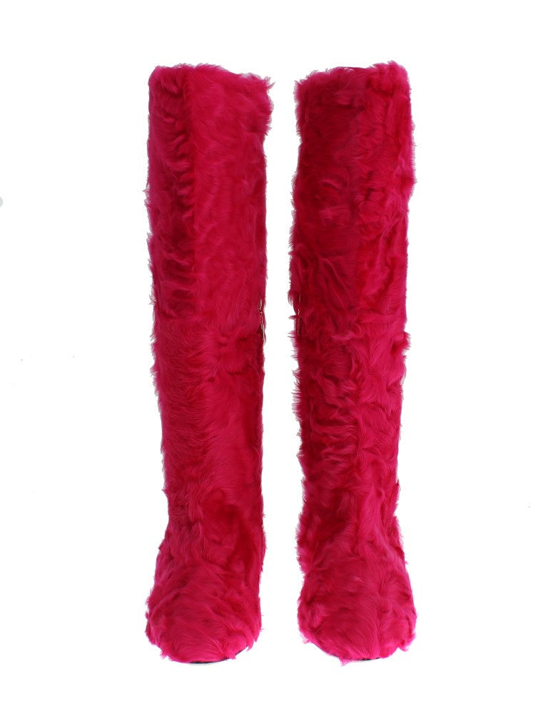 Dolce & Gabbana Pink Lamb Fur Leather Flat Boots Dolce & Gabbana