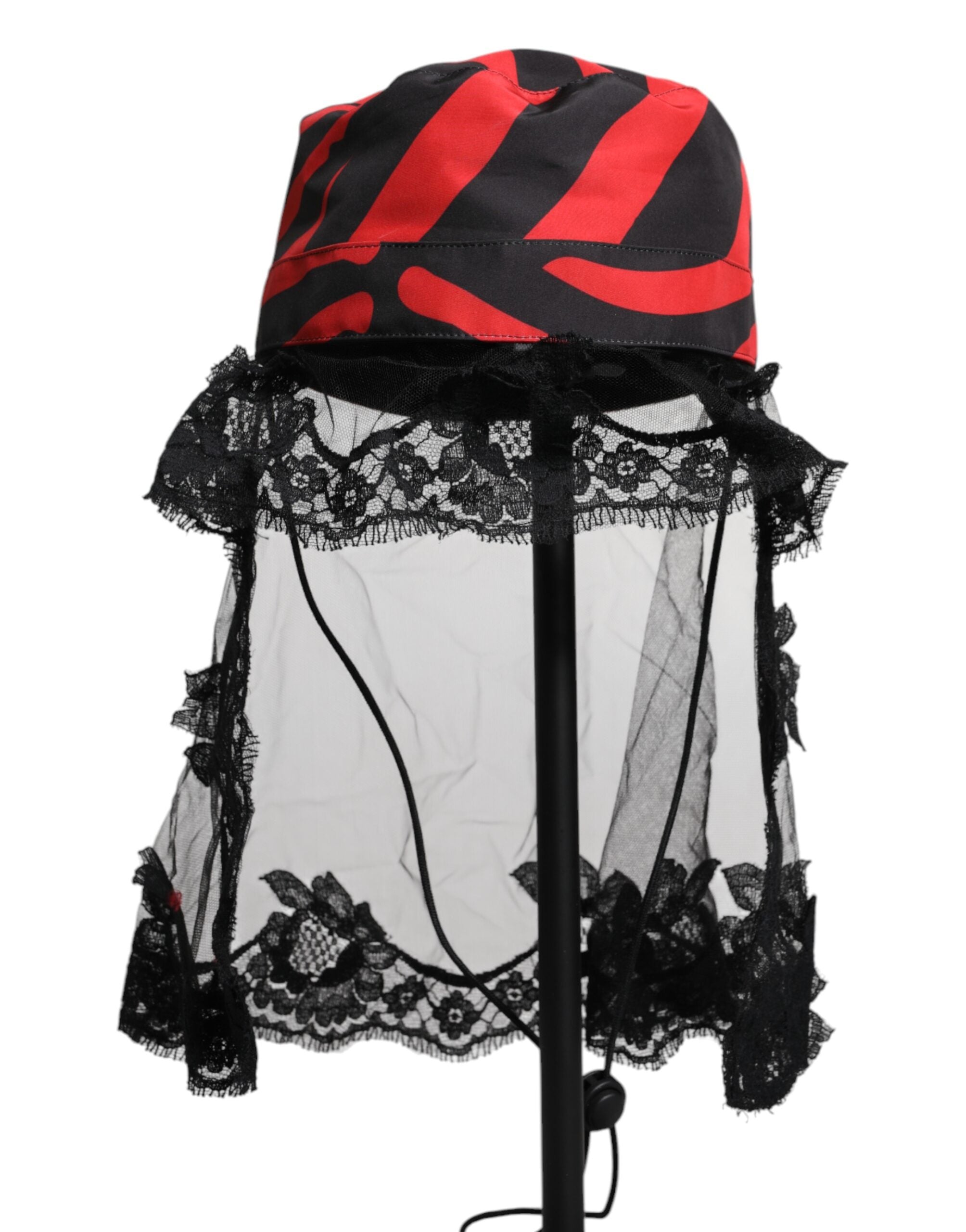 Dolce & Gabbana Black Red Stripes Lace Tulle Bucket Hat Dolce & Gabbana