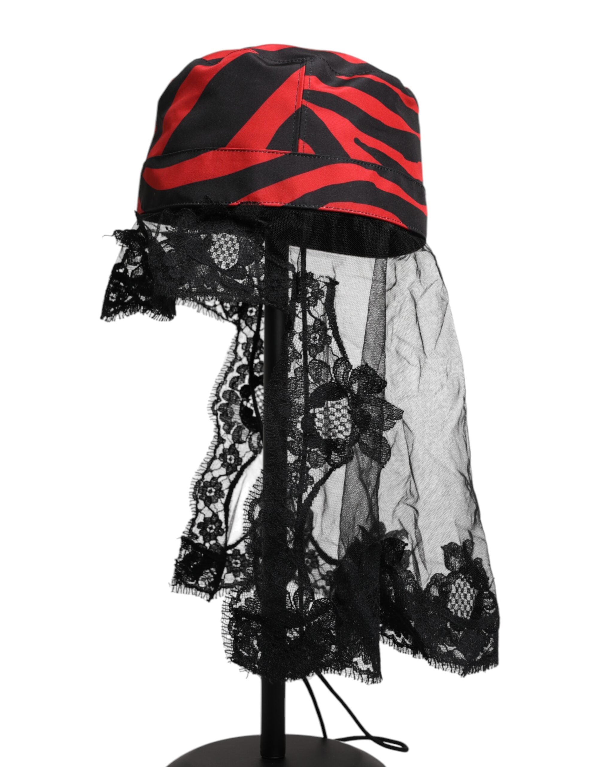 Dolce & Gabbana Black Red Stripes Lace Tulle Bucket Hat Dolce & Gabbana