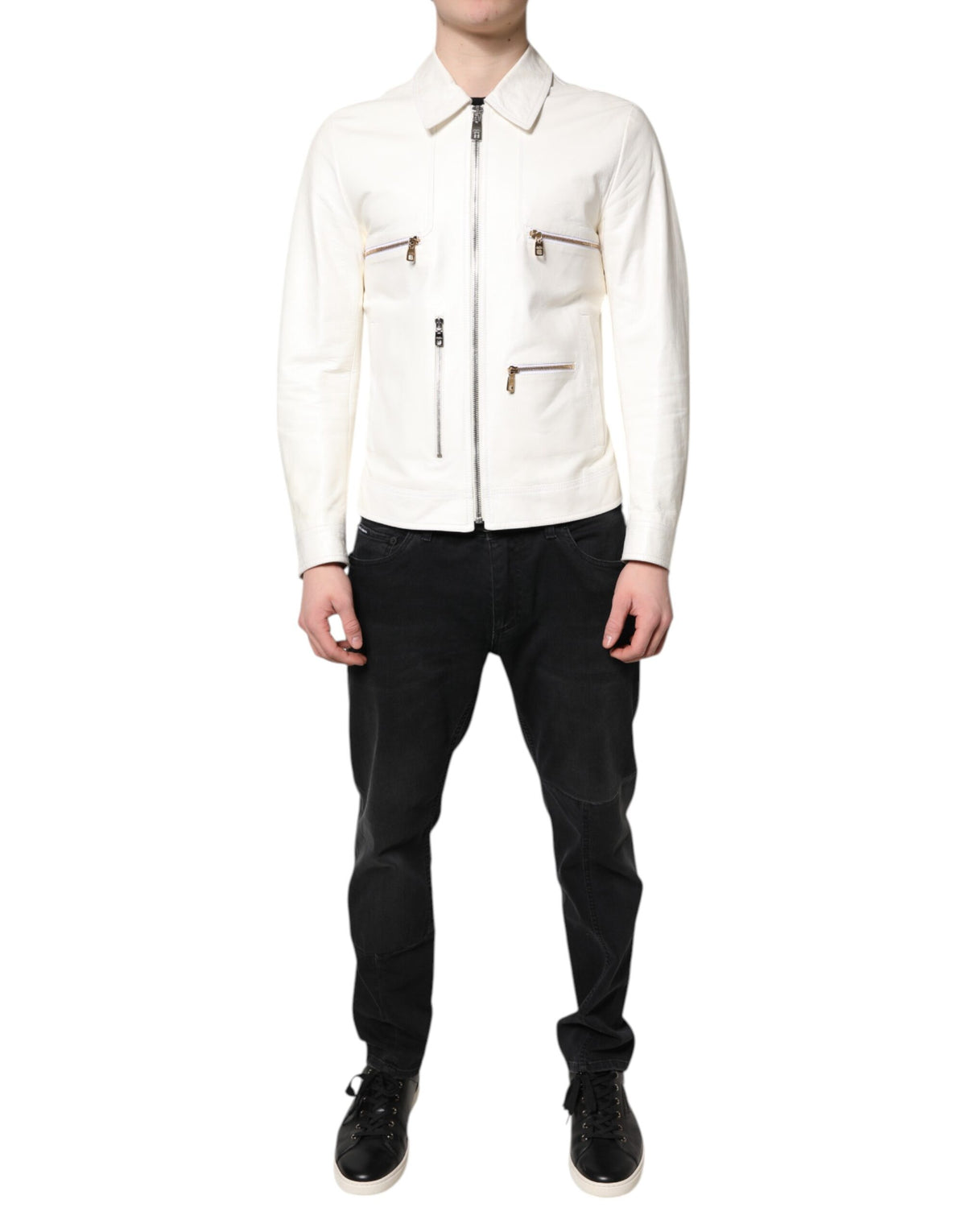 Dolce & Gabbana White Collared Full Zip Biker Coat Jacket