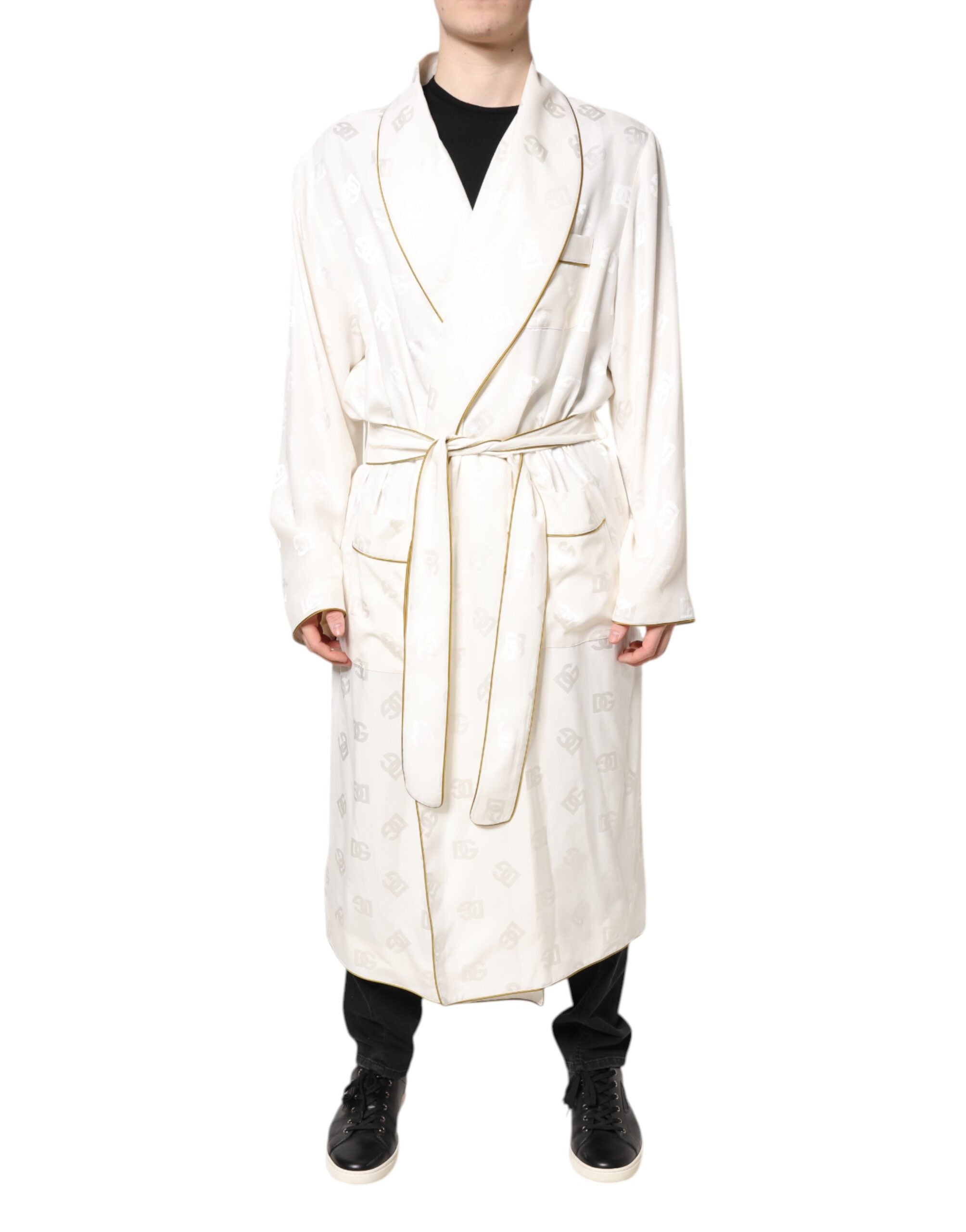 Dolce & Gabbana Ivory Silk Logo Men Wrap Robe Coat Jacket Dolce & Gabbana