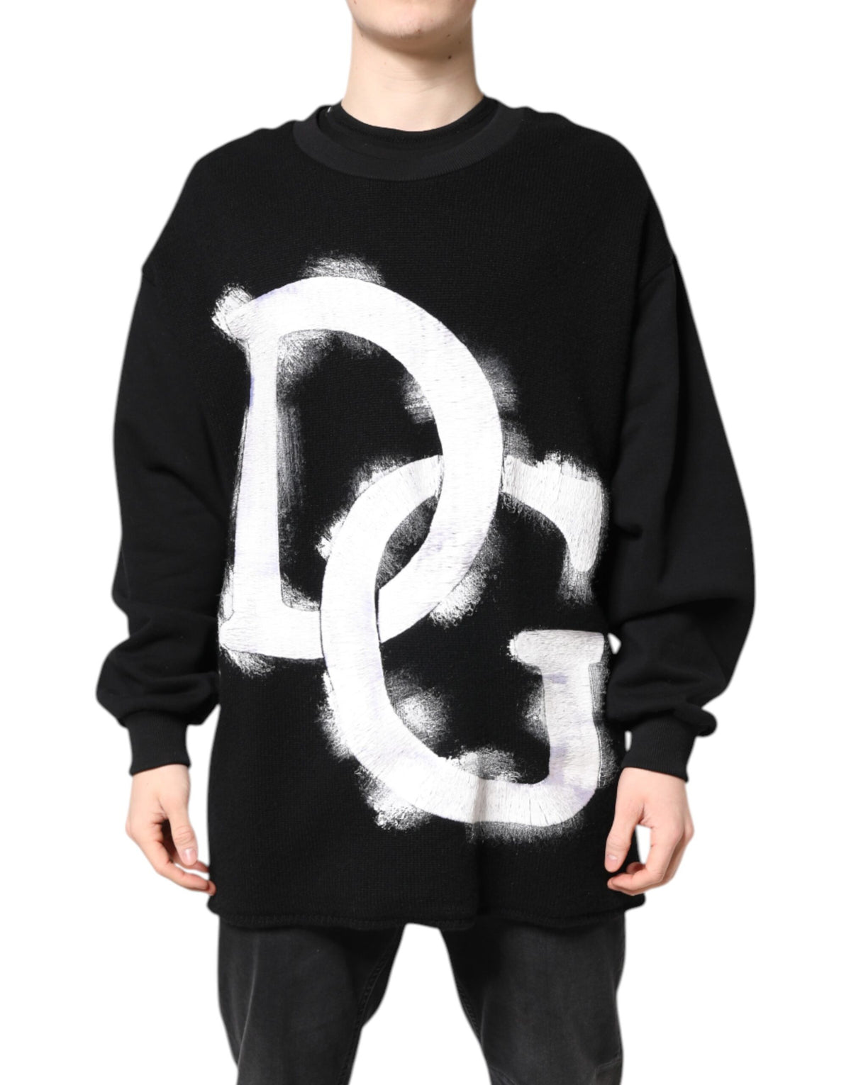 Dolce & Gabbana Black Cotton Logo Print Men Pullover Sweater