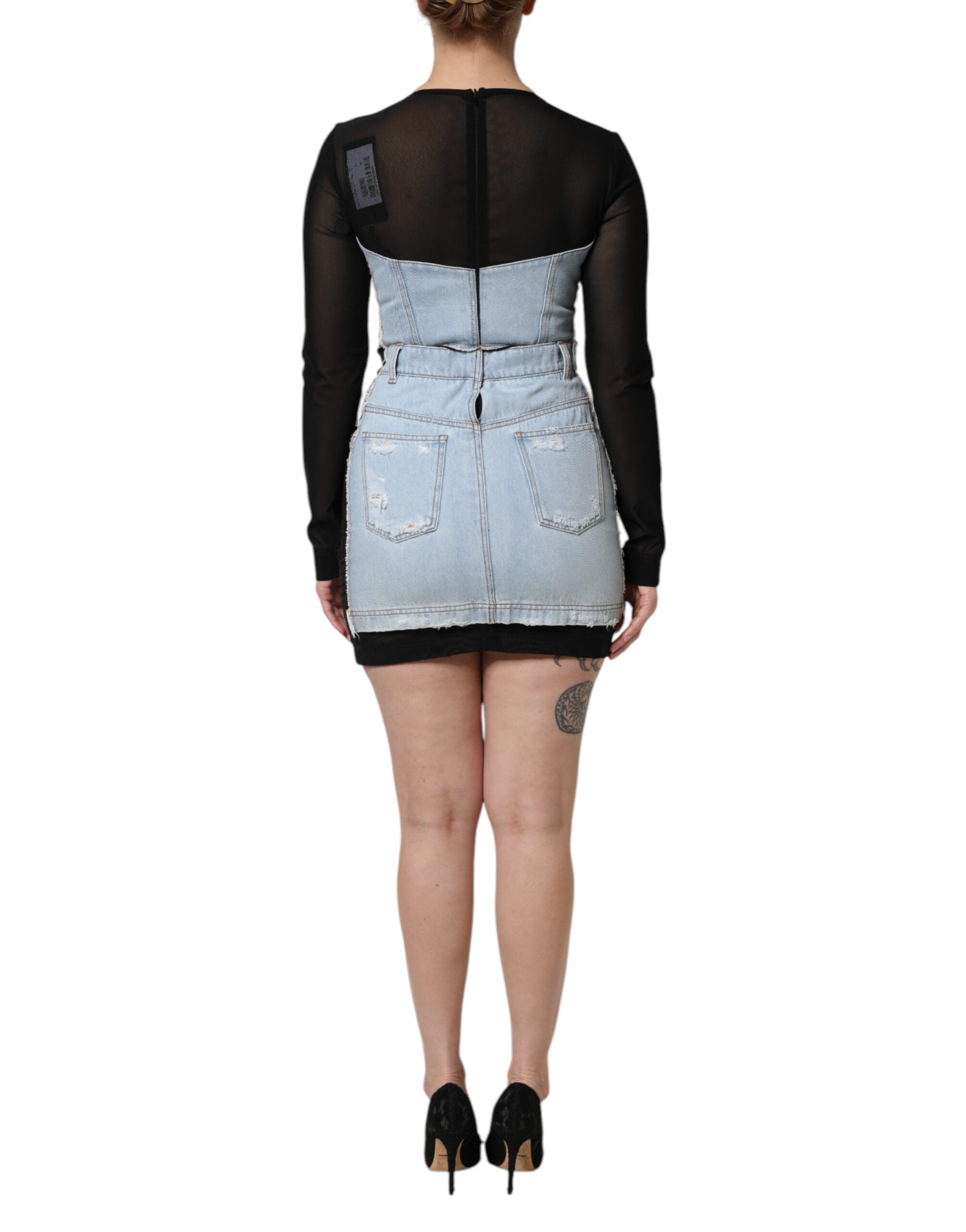 Dolce & Gabbana Black Blue Long Sleeves Denim Mini Dress Dolce & Gabbana