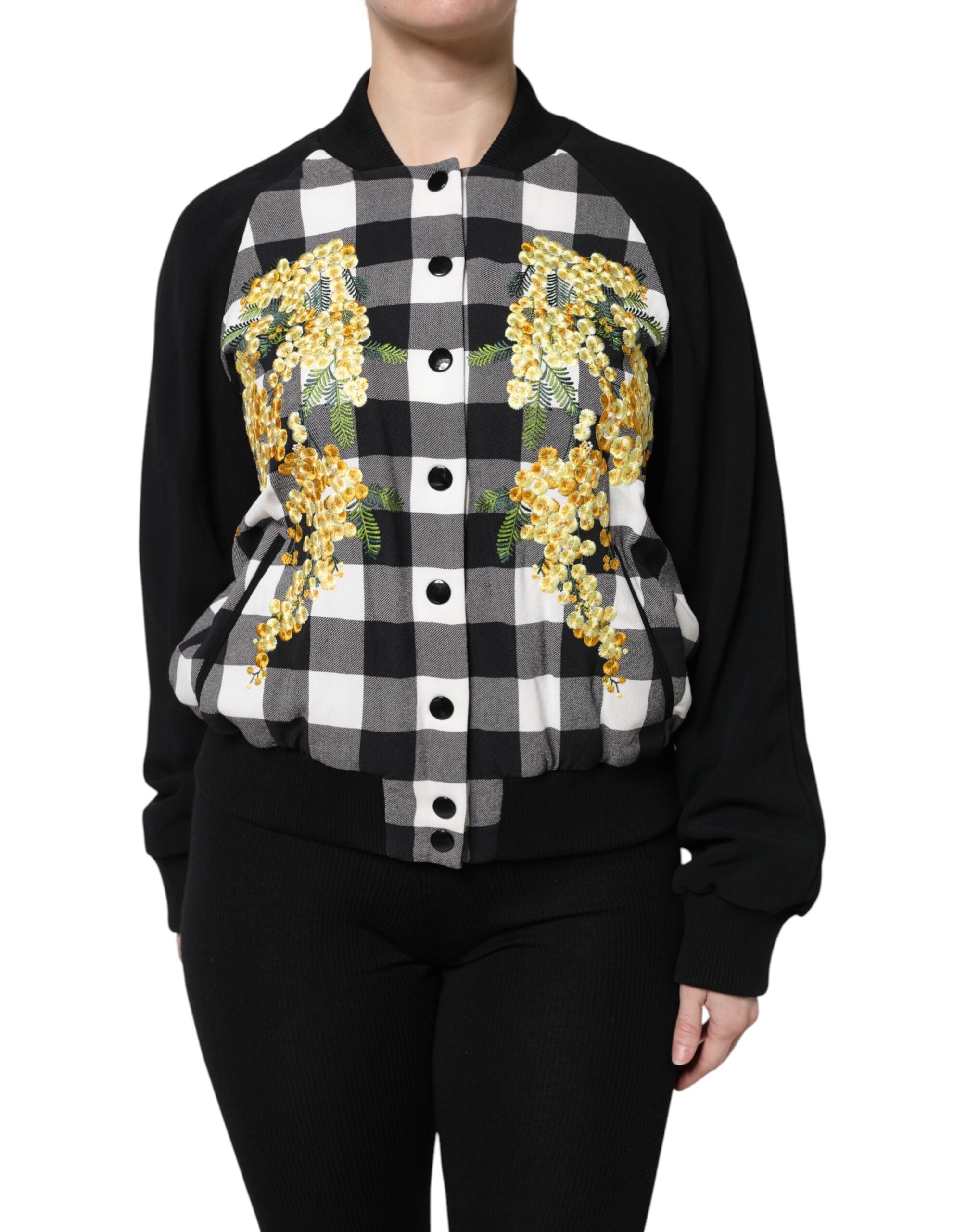 Dolce & Gabbana Black White Check Floral Button Down Jacket Dolce & Gabbana