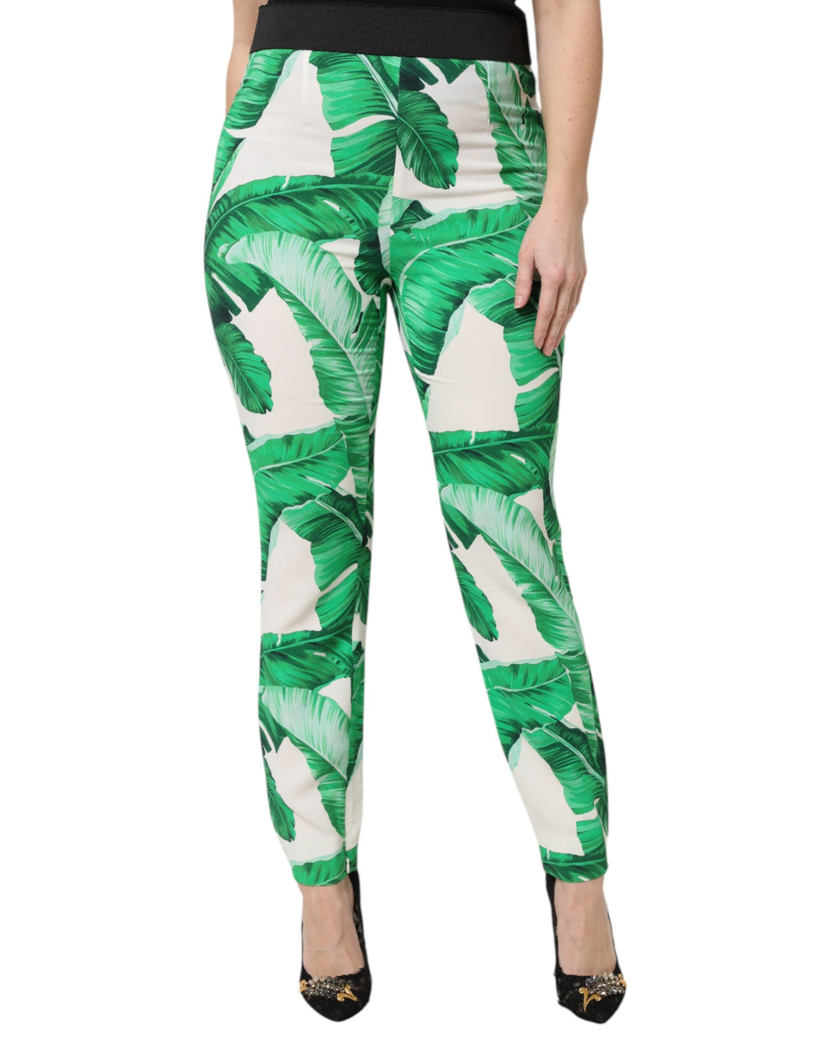 Dolce & Gabbana White Green Leaf High Waist Pants