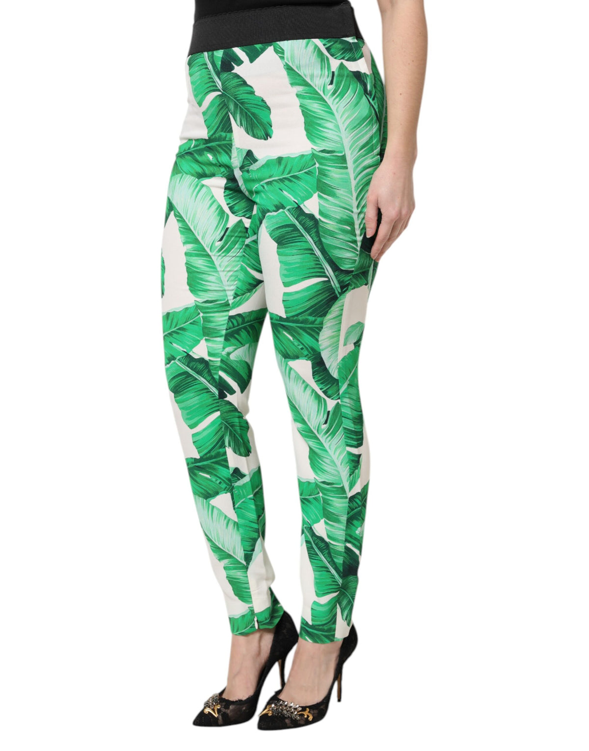 Dolce & Gabbana White Green Leaf High Waist Pants