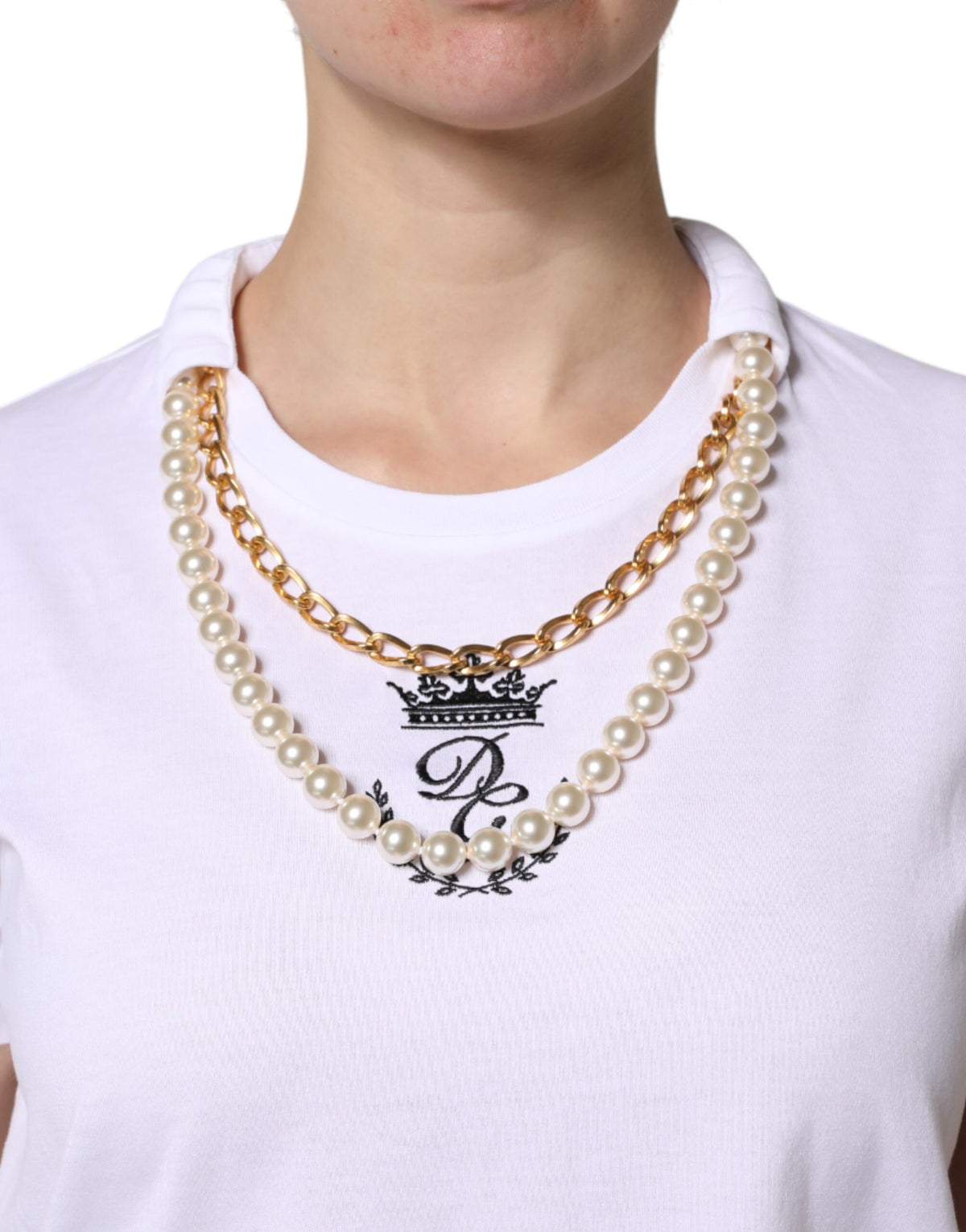 Dolce & Gabbana White Chain Pearl Cotton Round Neck T-shirt