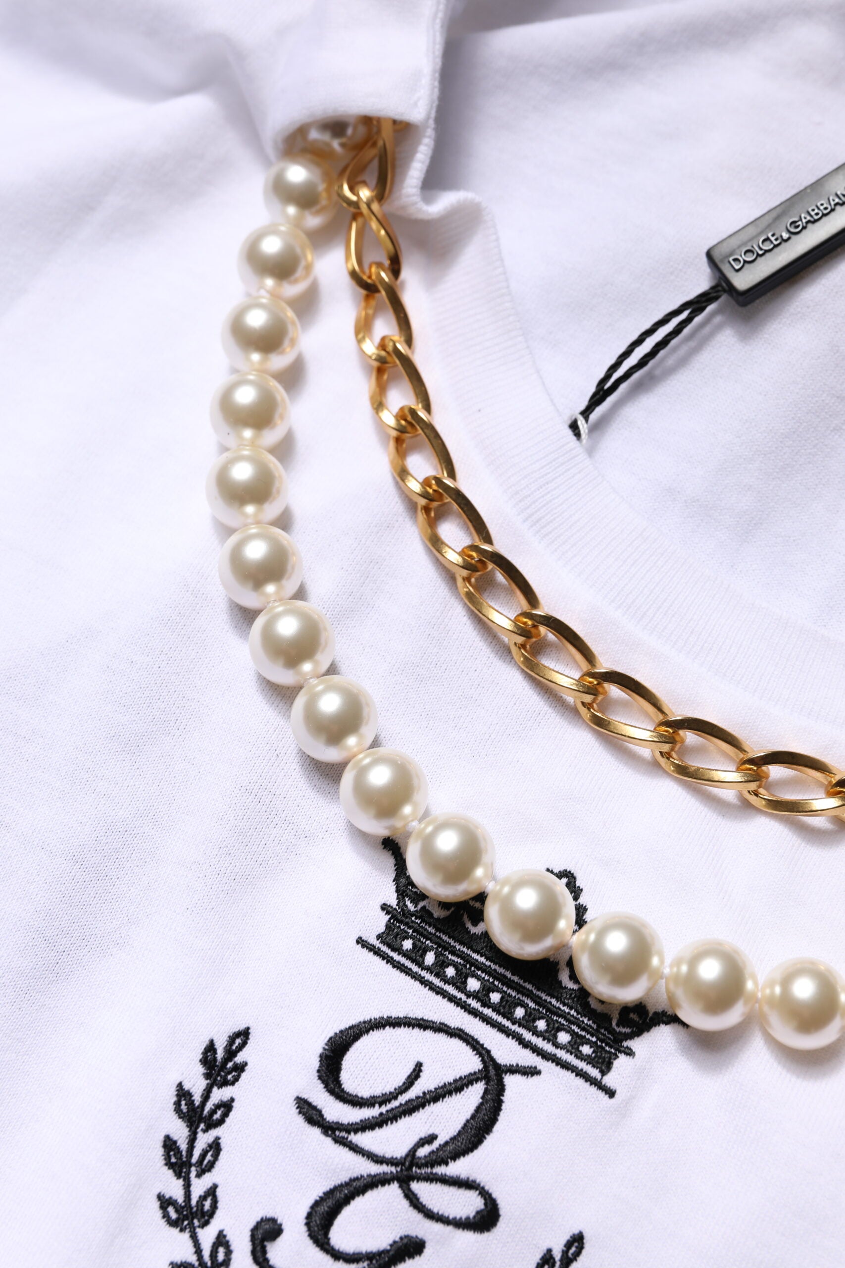 Dolce & Gabbana White Chain Pearl Cotton Round Neck T-shirt Dolce & Gabbana