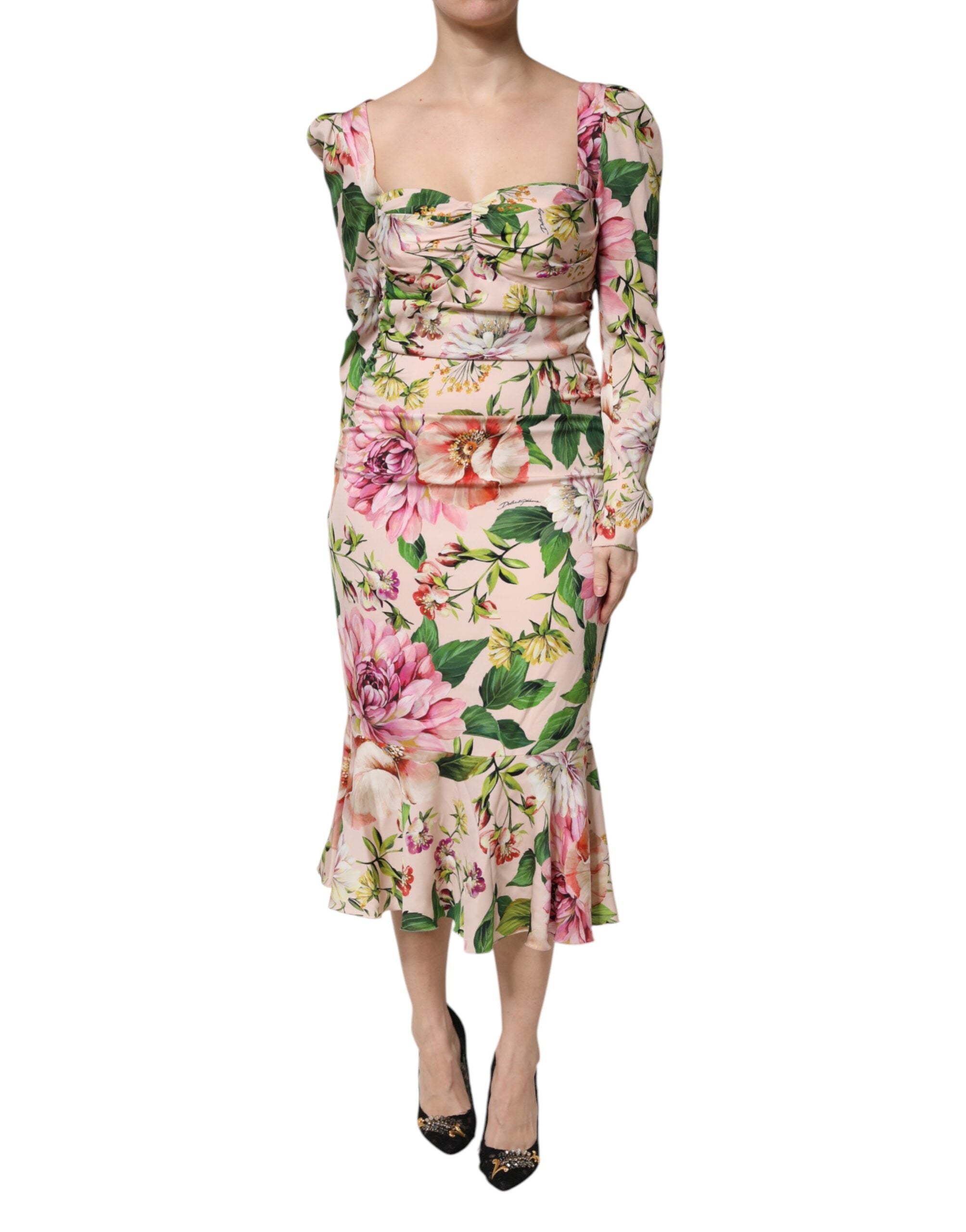 Dolce & Gabbana Pink Floral Silk Fit And Flared Midi Dress Dolce & Gabbana