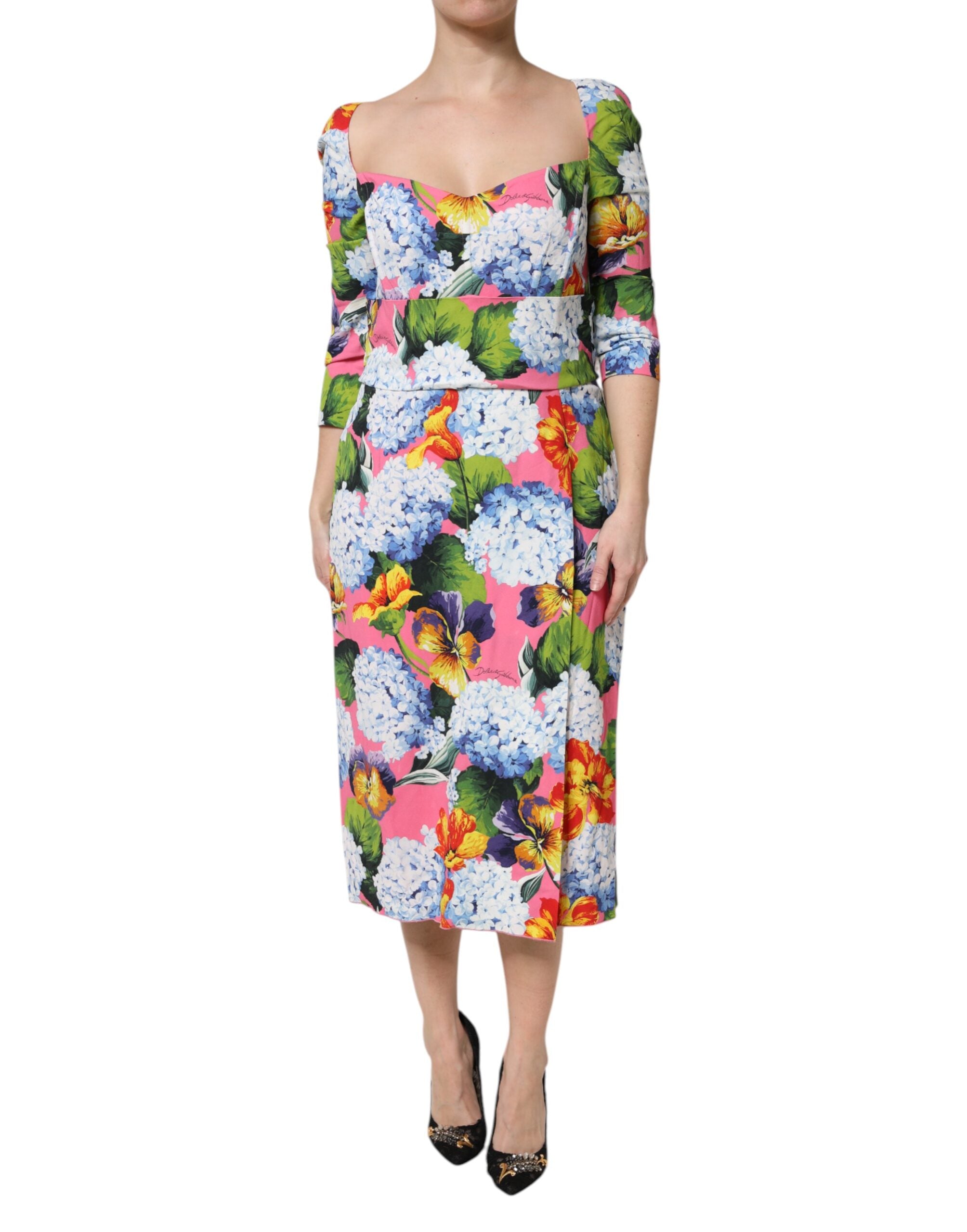 Dolce & Gabbana Multicolor Floral Pleated Sheath Midi Dress Dolce & Gabbana