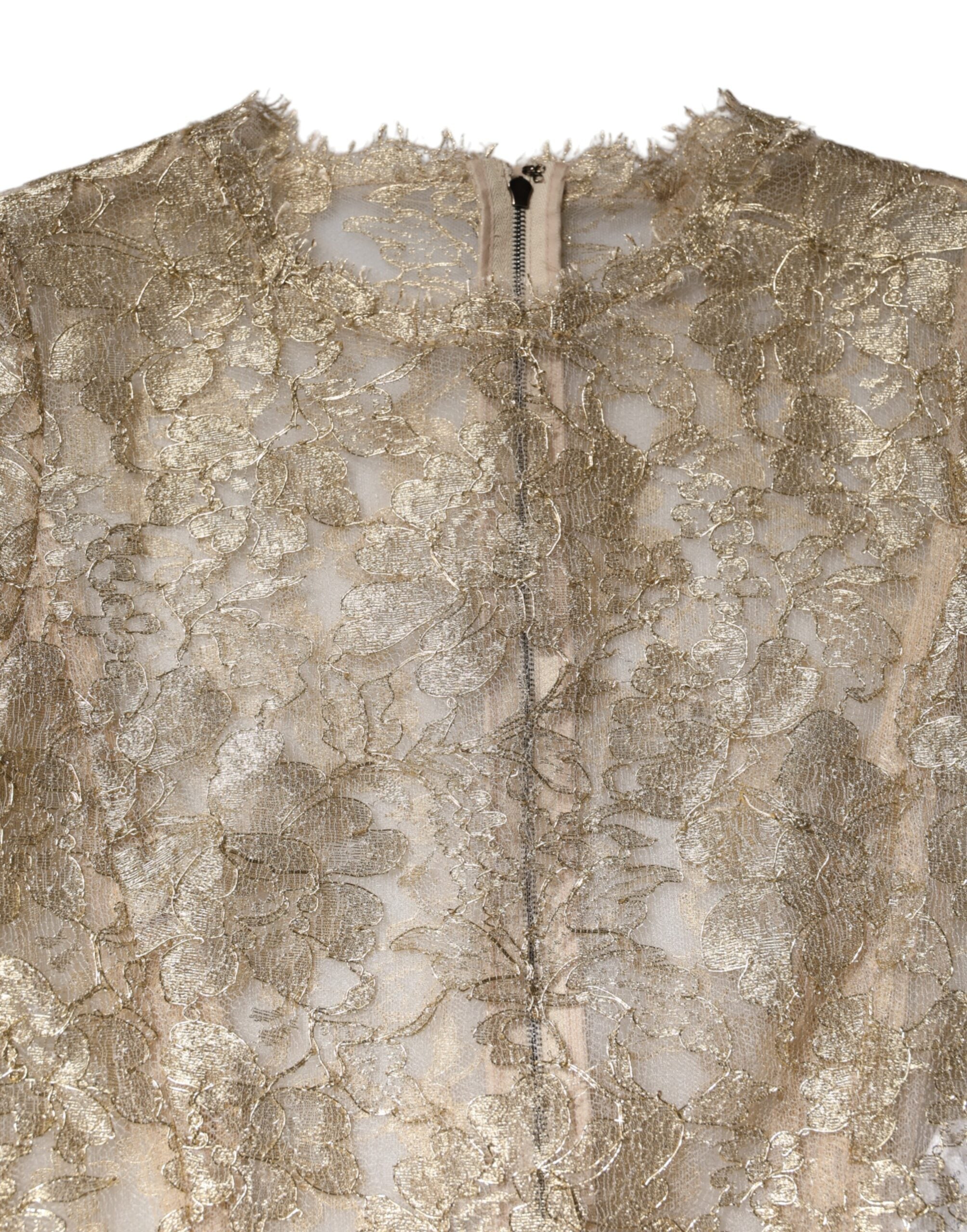 Dolce & Gabbana Gold Floral Lace Long Sleeves Fit & Flare Dress Dolce & Gabbana