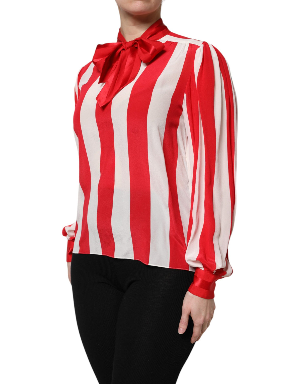 Dolce & Gabbana Red White Stripes Ascot Collar Blouse Top