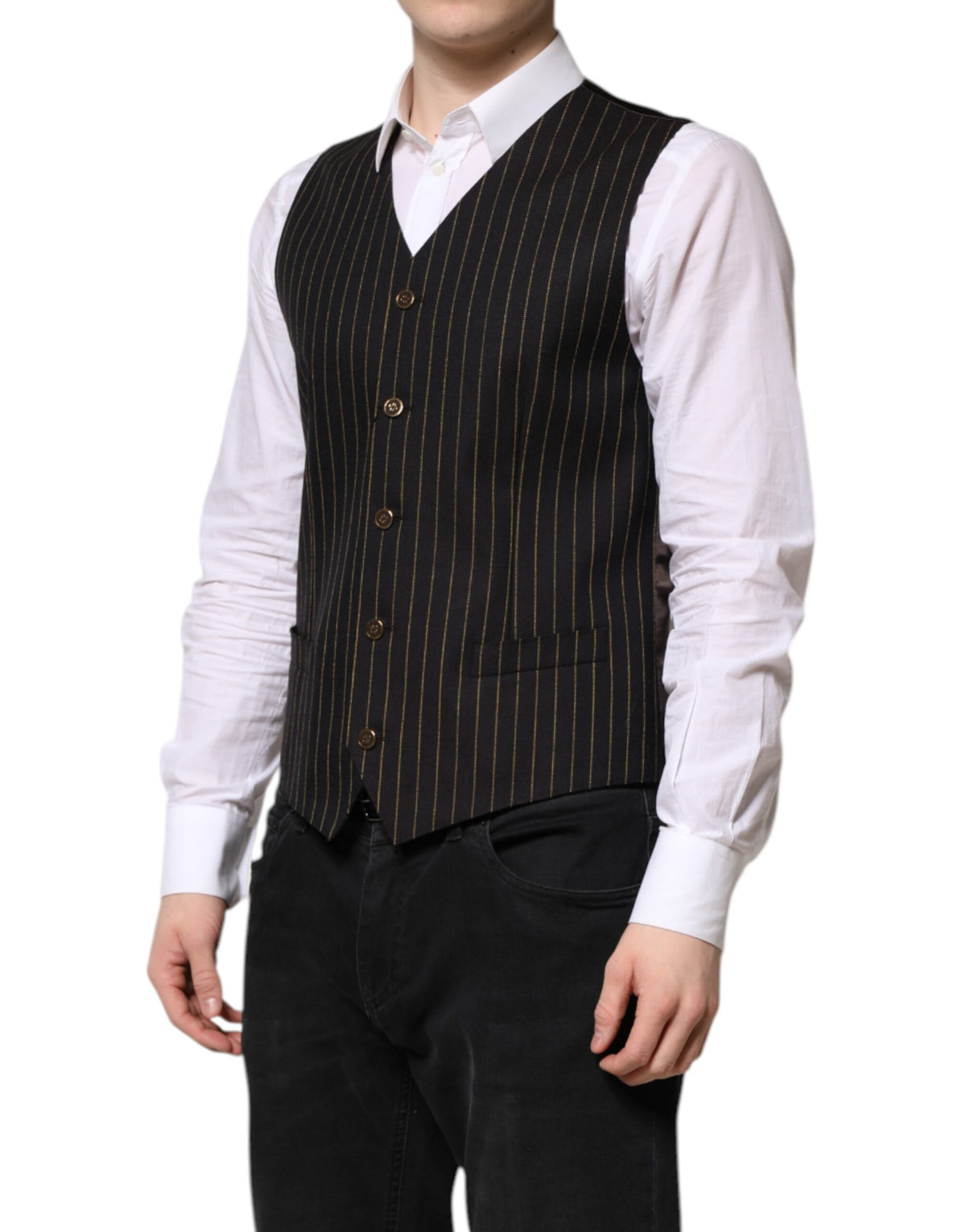 Dolce & Gabbana Black Stripes Wool Formal Men Waistcoat Vest