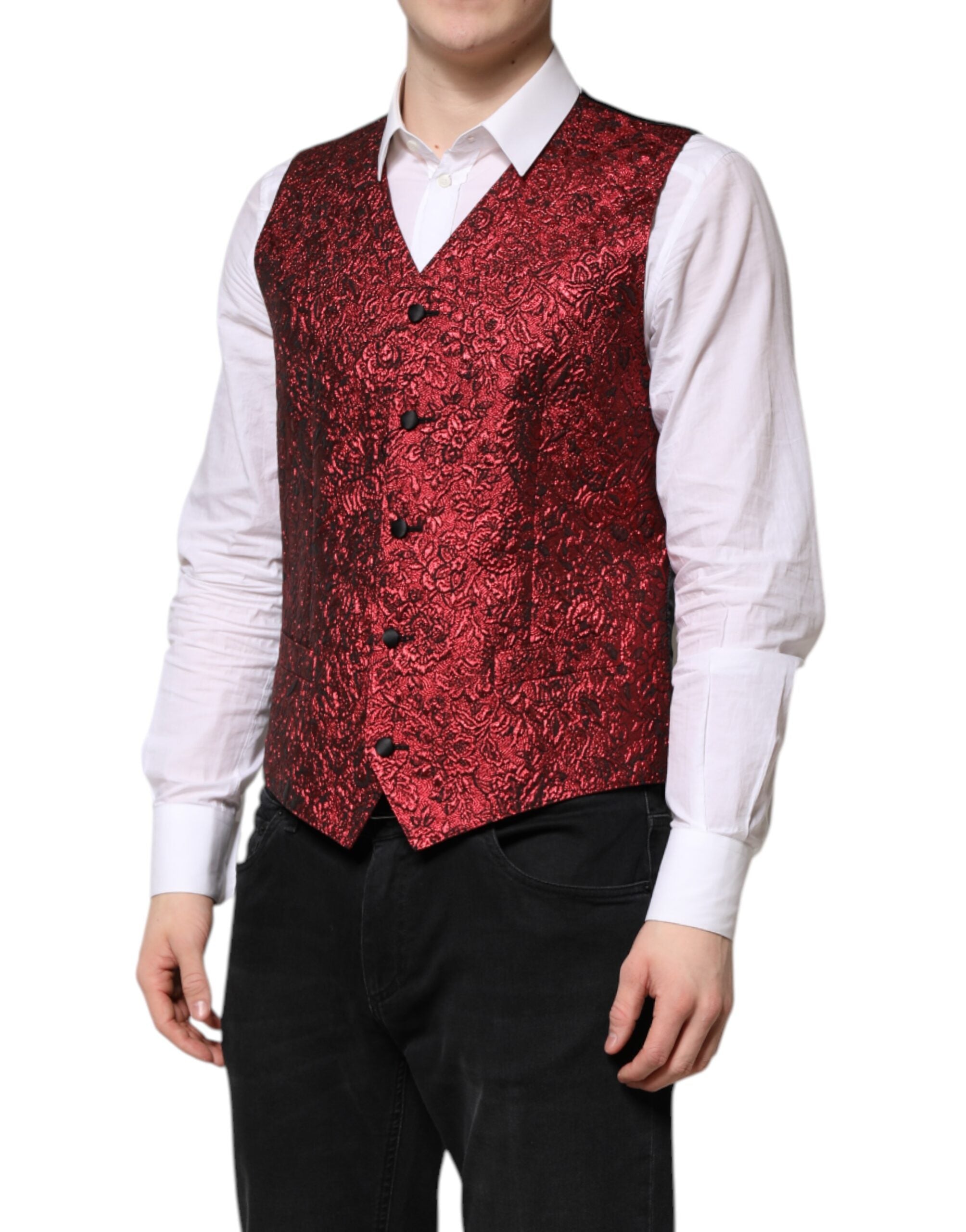 Dolce & Gabbana Red Floral Brocade Formal Men Waistcoat Vest Dolce & Gabbana