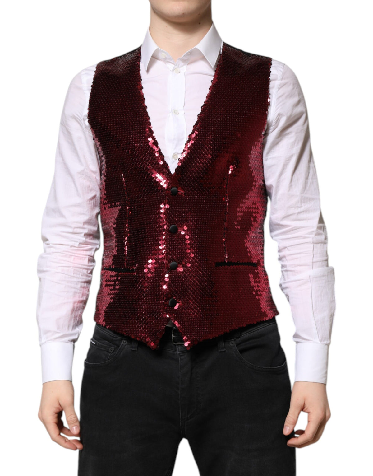 Dolce & Gabbana Red Sequined Dress Formal Men Waistcoat Vest