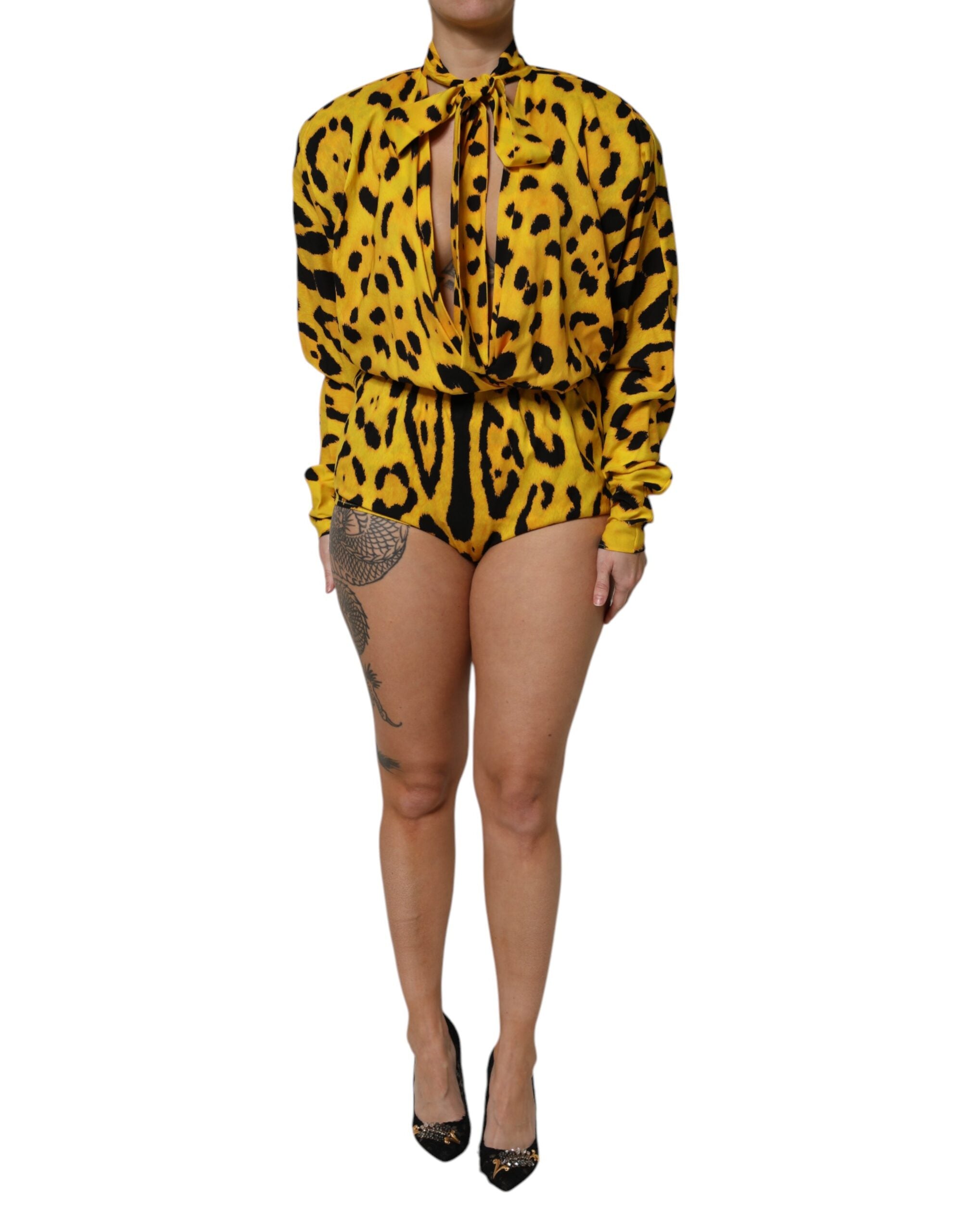 Dolce & Gabbana Yellow Leopard Long Sleeves Jumpsuit Dress Dolce & Gabbana