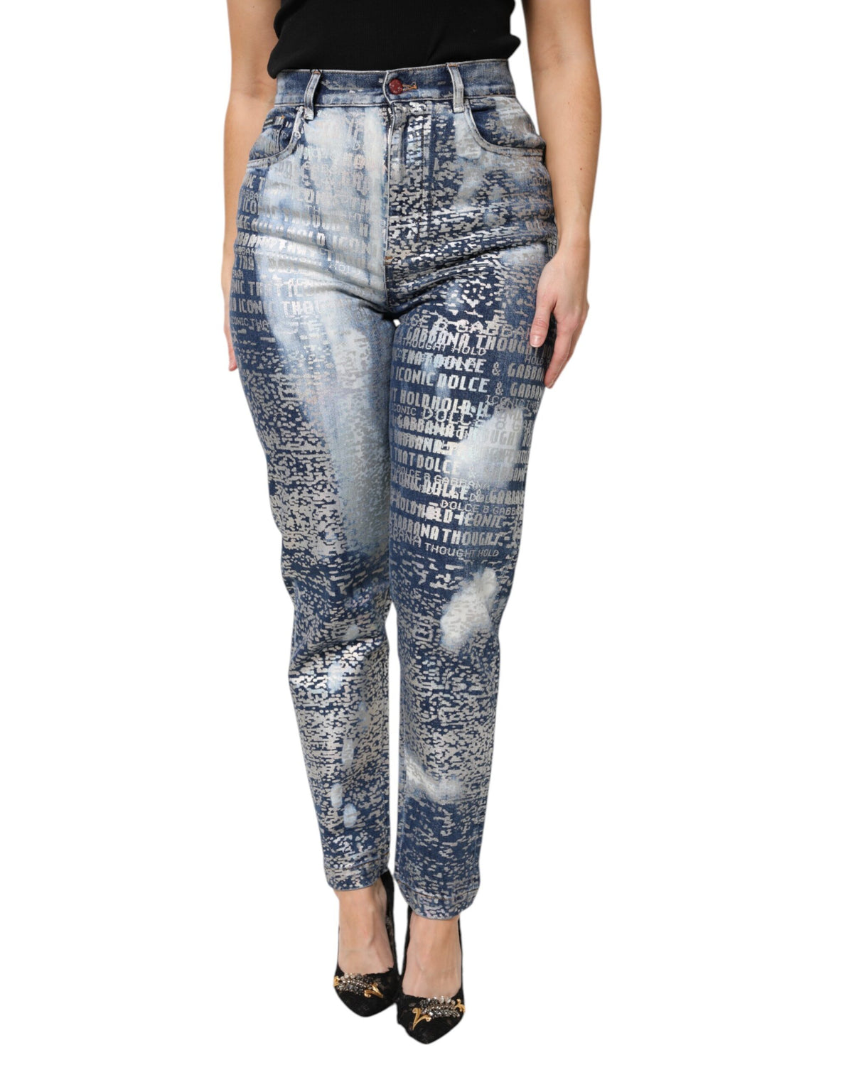 Dolce & Gabbana Blue Washed Print High Waist Denim Jeans