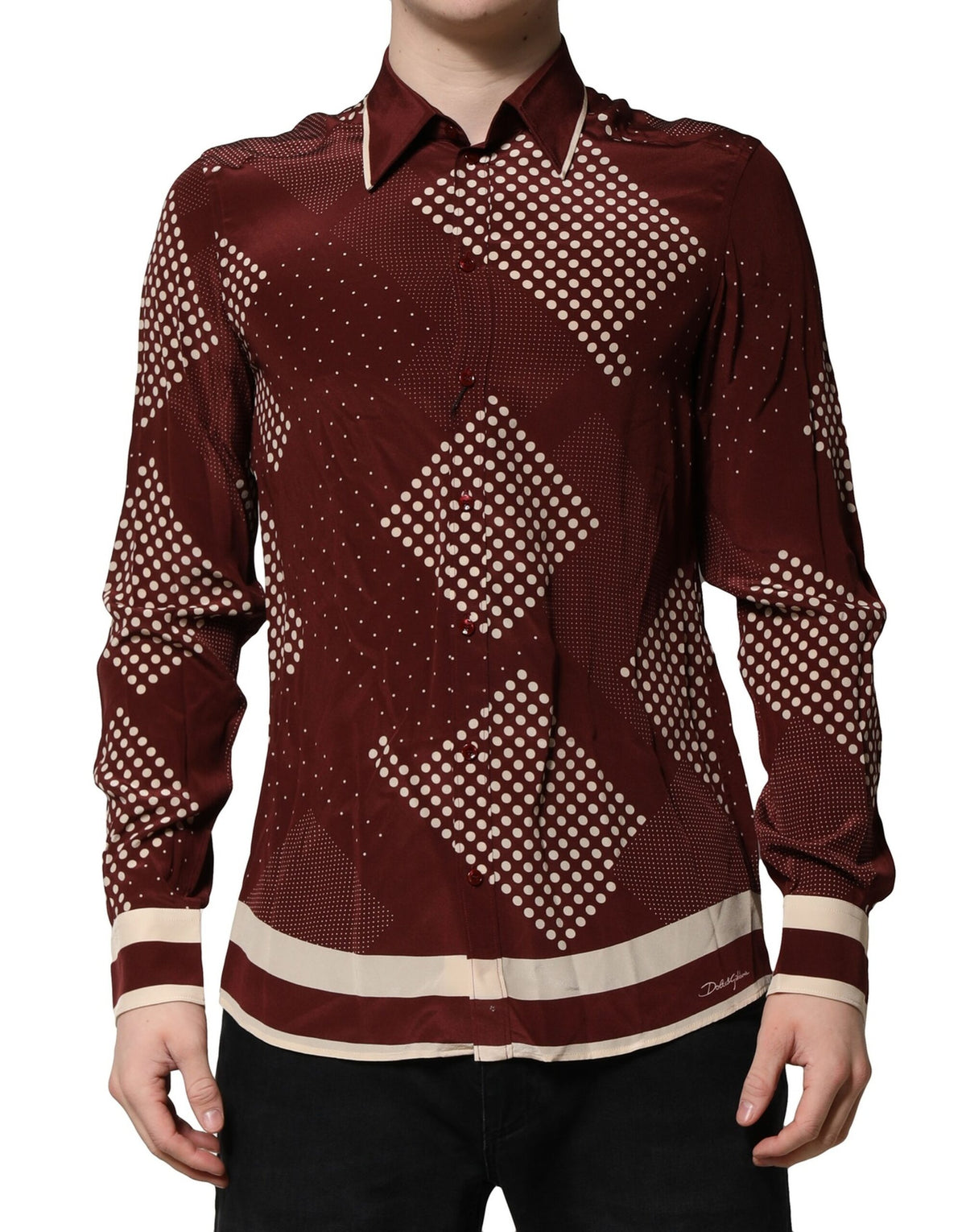 Dolce & Gabbana Maroon Dotted Silk Long Sleeve Casual Shirt