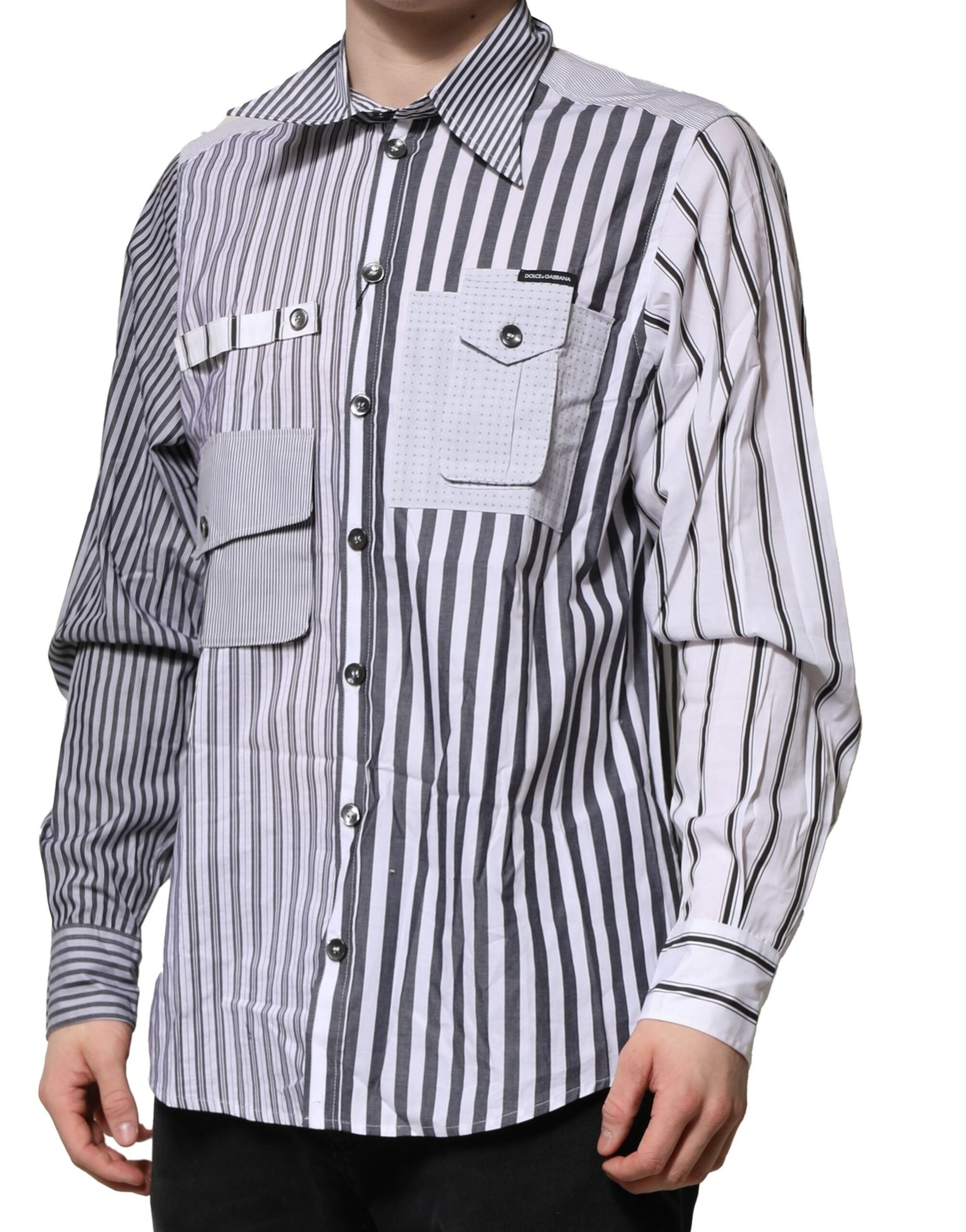 Dolce & Gabbana White Gray Striped Cotton Men Casual Shirt Dolce & Gabbana