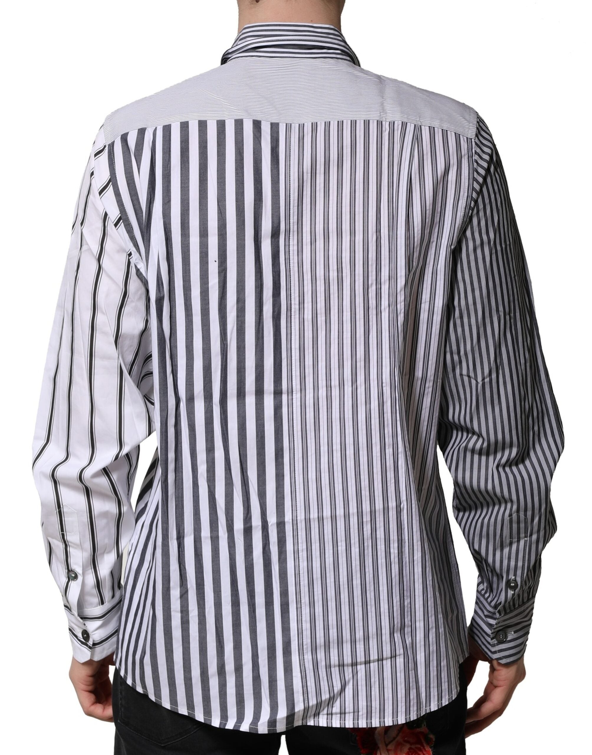 Dolce & Gabbana White Gray Striped Cotton Men Casual Shirt Dolce & Gabbana