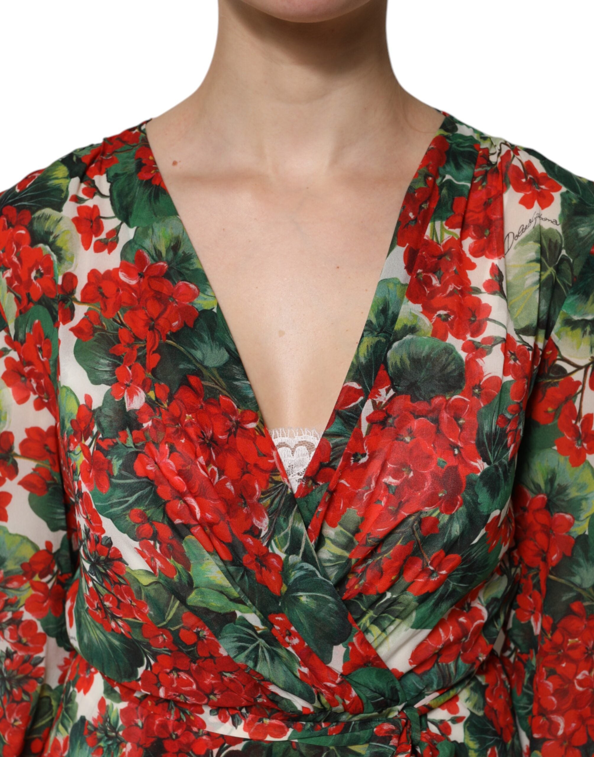 Dolce & Gabbana Multicolor Floral Long Sleeves V-neck Dress Dolce & Gabbana